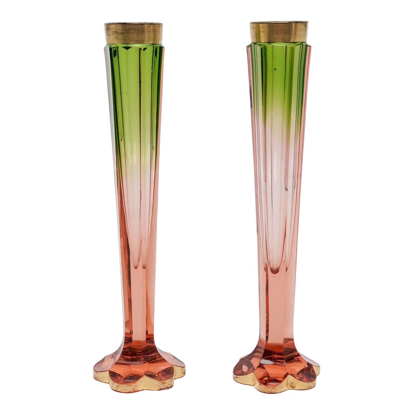 Pair Bohemian Watermelon Glass Fluted Bud Vases (1 of 4)