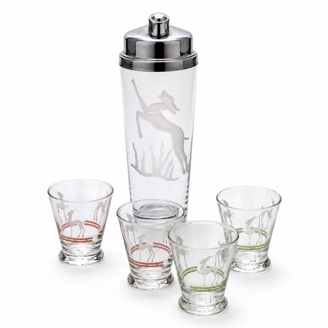 (5 pc) Hazel Atlas Glass Co. "Gazelle" Cocktail Shaker & Shot Glasses: (5 pc) Hazel Atlas Glass Co. "Gazelle" Cocktail Shaker & Shot Glasses c. 1930s-1940s, USA A five-piece mid-century modern barware set consisting of an Art Deco etched cocktail shaker and four