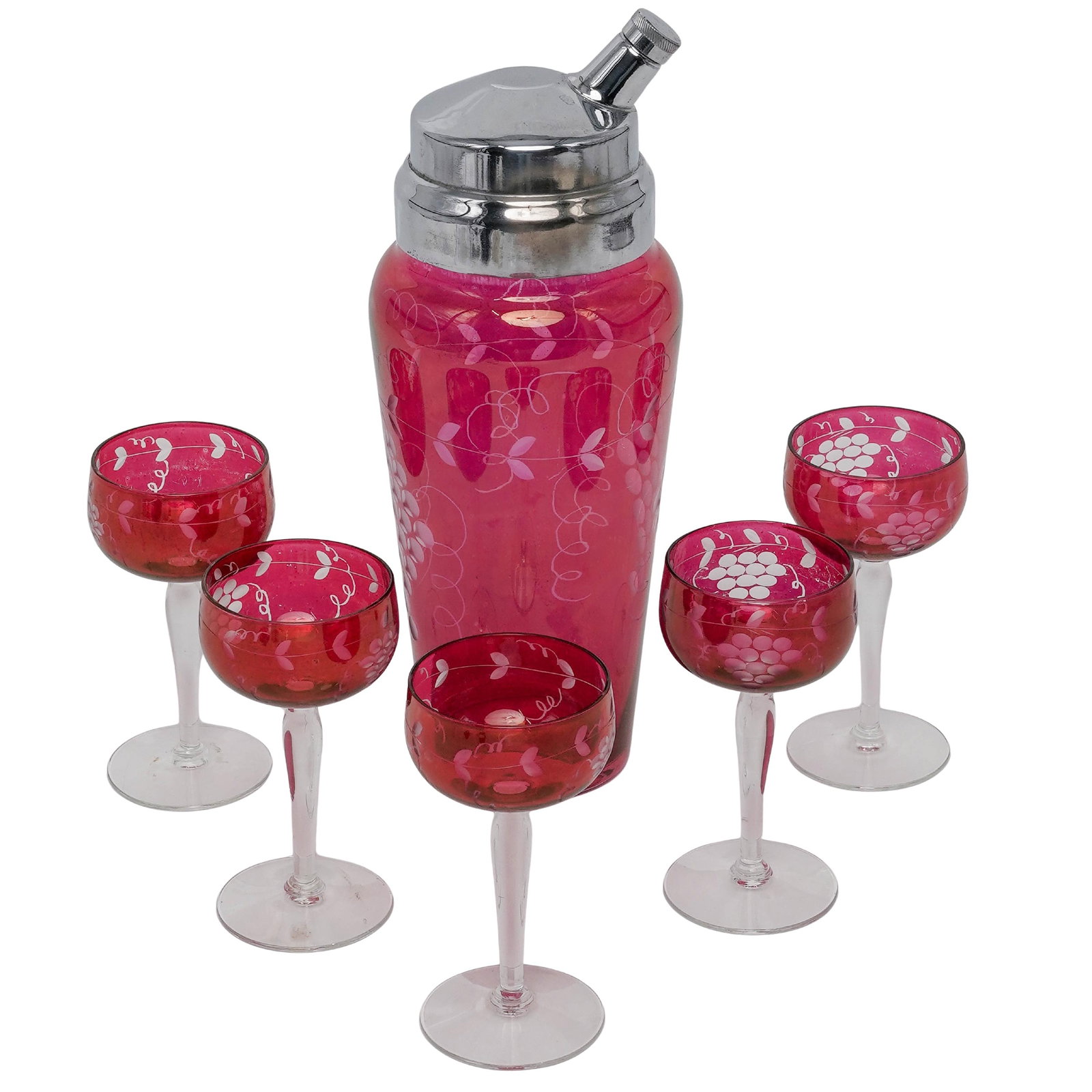 (6 Pc) Vintage Ruby Cut to Clear Glass Martini Shaker with Cordial Glasses: (6 Pc) Vintage Ruby Cut to Clear Glass Martini Shaker with Cordial Glasses Czechoslovakia, Mid 20th Century Vintage ruby flash cut-to-clear glass martini shaker accompanied by five matching ruby