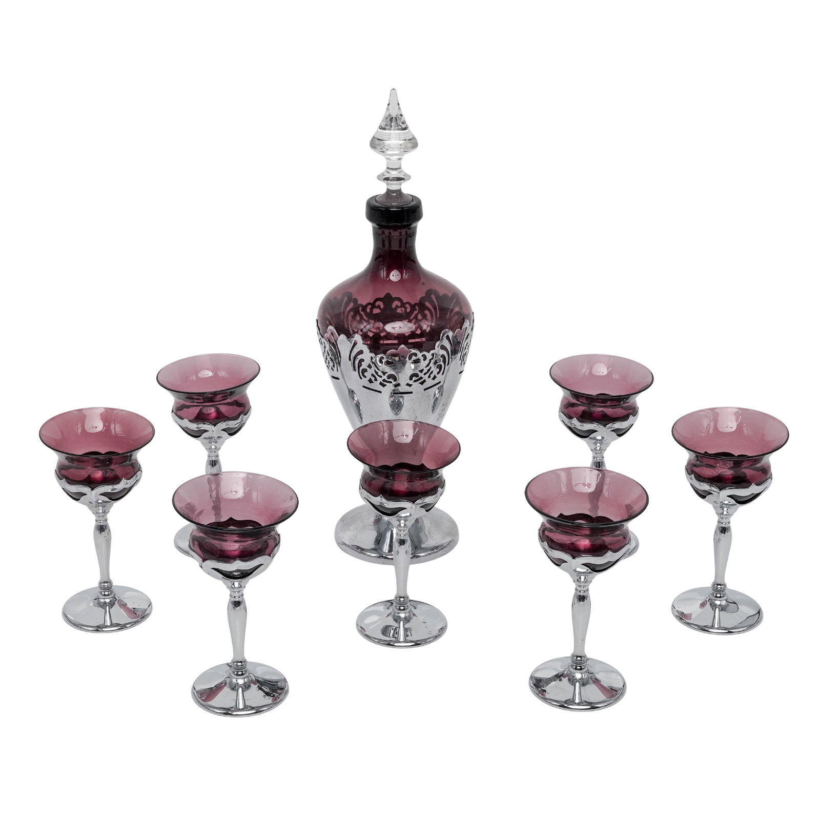 (8 Pc) Farber Brothers Krome Kraft Amethyst Glass Decanter & Cordial Glasses: (8 Pc) Farber Brothers Krome Kraft Amethyst Glass Decanter & Cordial Glasses 1930's-1940's, United States of America Mid-century Farber Brothers Krome Kraft amethyst glass and chrome decanter set