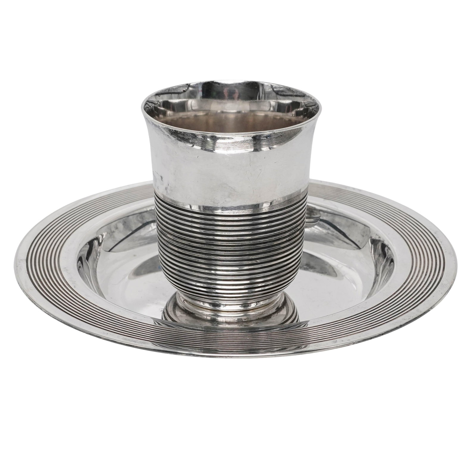 (2 Pc) Christofle Silver Plated Timbale and Coaster: (2 Pc) Christofle Silver Plated Timbale and Coaster 1930's, France Christofle silver-plated timbale and coaster two-piece set, exemplifying the refined elegance and exceptional craftsmanship