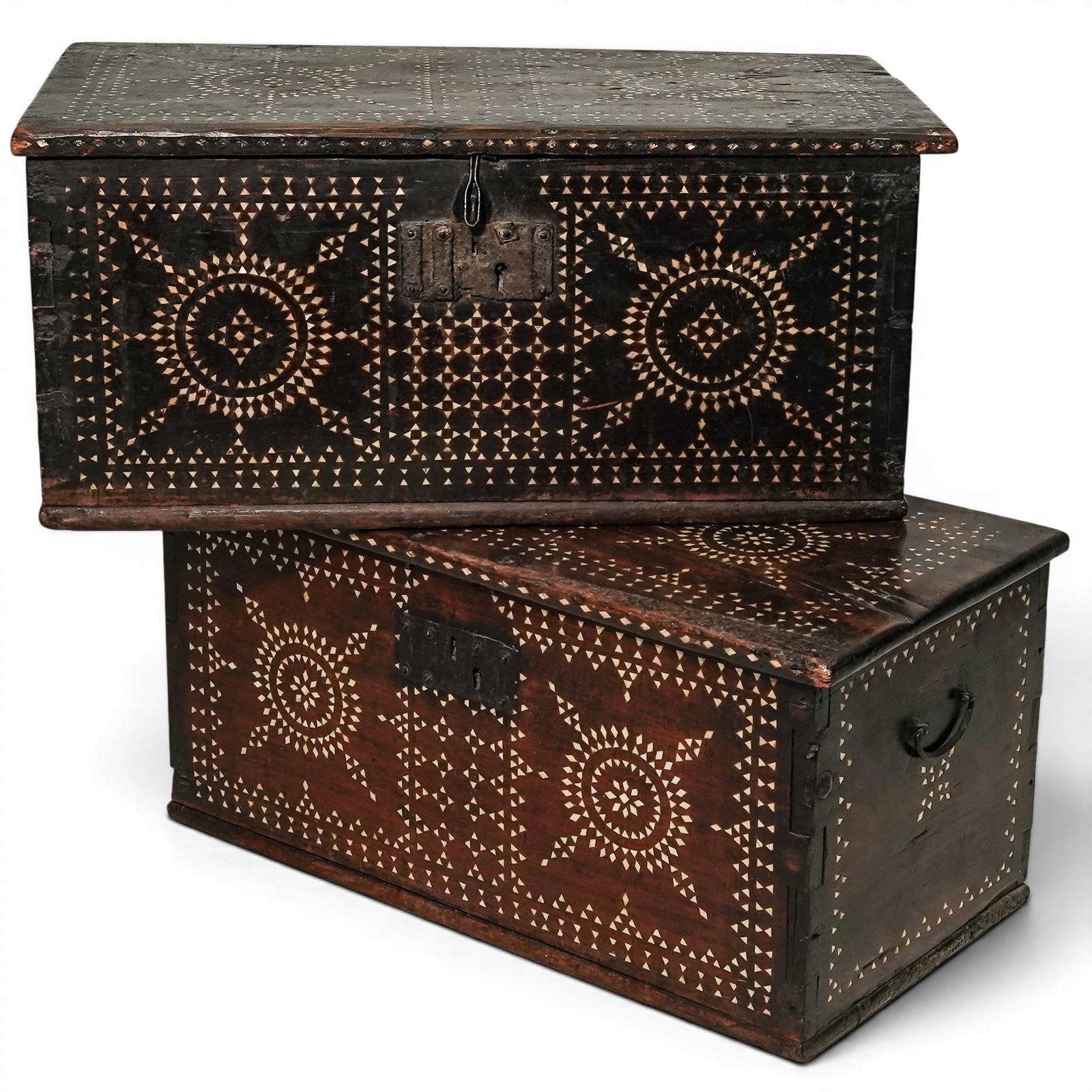 (2 pc) Antique Wooden Mother-of-Pearl Inlaid Dowry Chests: (2 pc) Antique Wooden Mother-of-Pearl Inlaid Dowry Chests early 20th century, India The dowry chests features a dark brown wood finish, its flat lids and side panels are heavily ornamented with