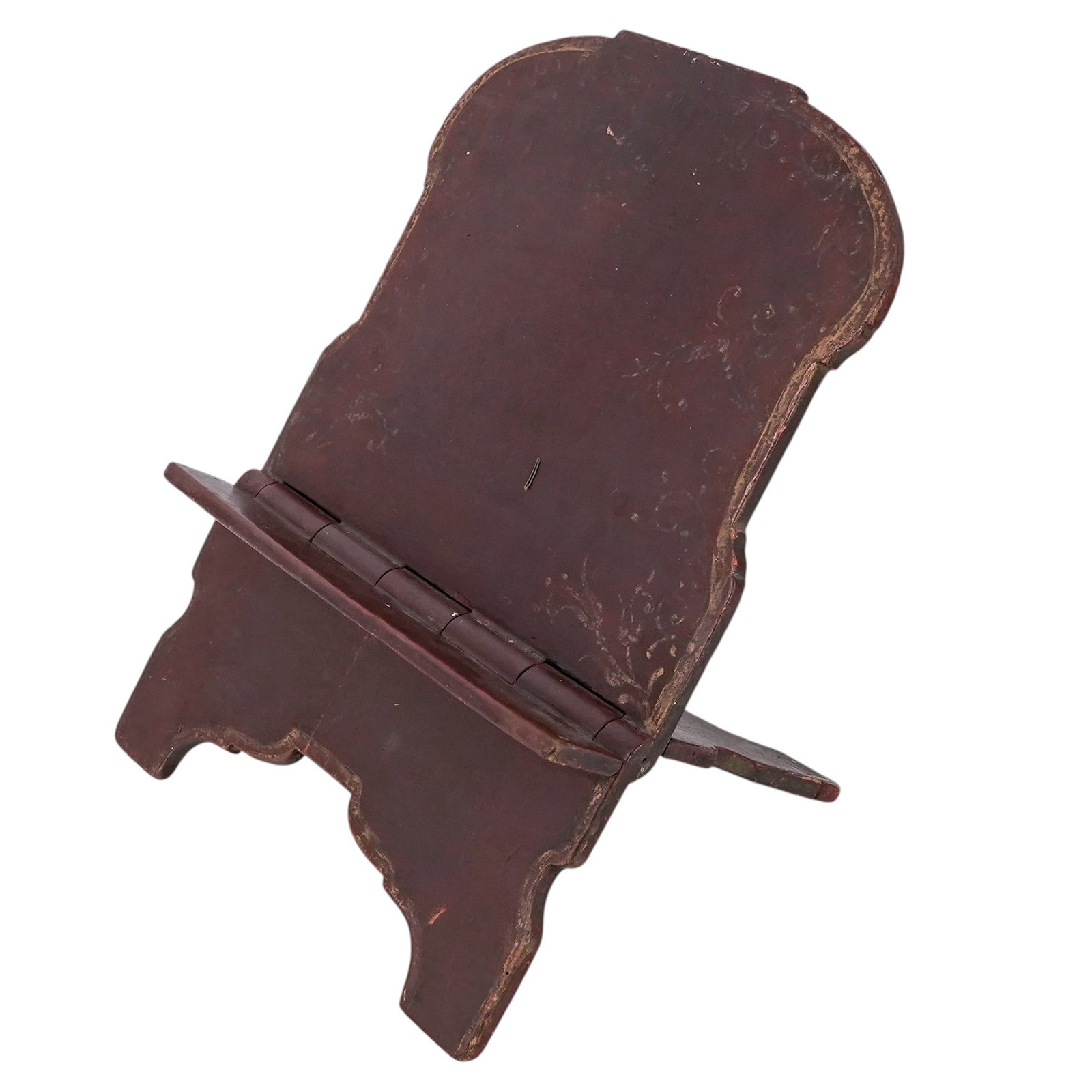 Antique Wooden Book Stand: Antique Wooden Book Stand Late 19th Century, Possibly Older; Continental Antique wooden book stand featuring a shaped scrolling form with hinged folding shelf support and decorative cutout feet. The