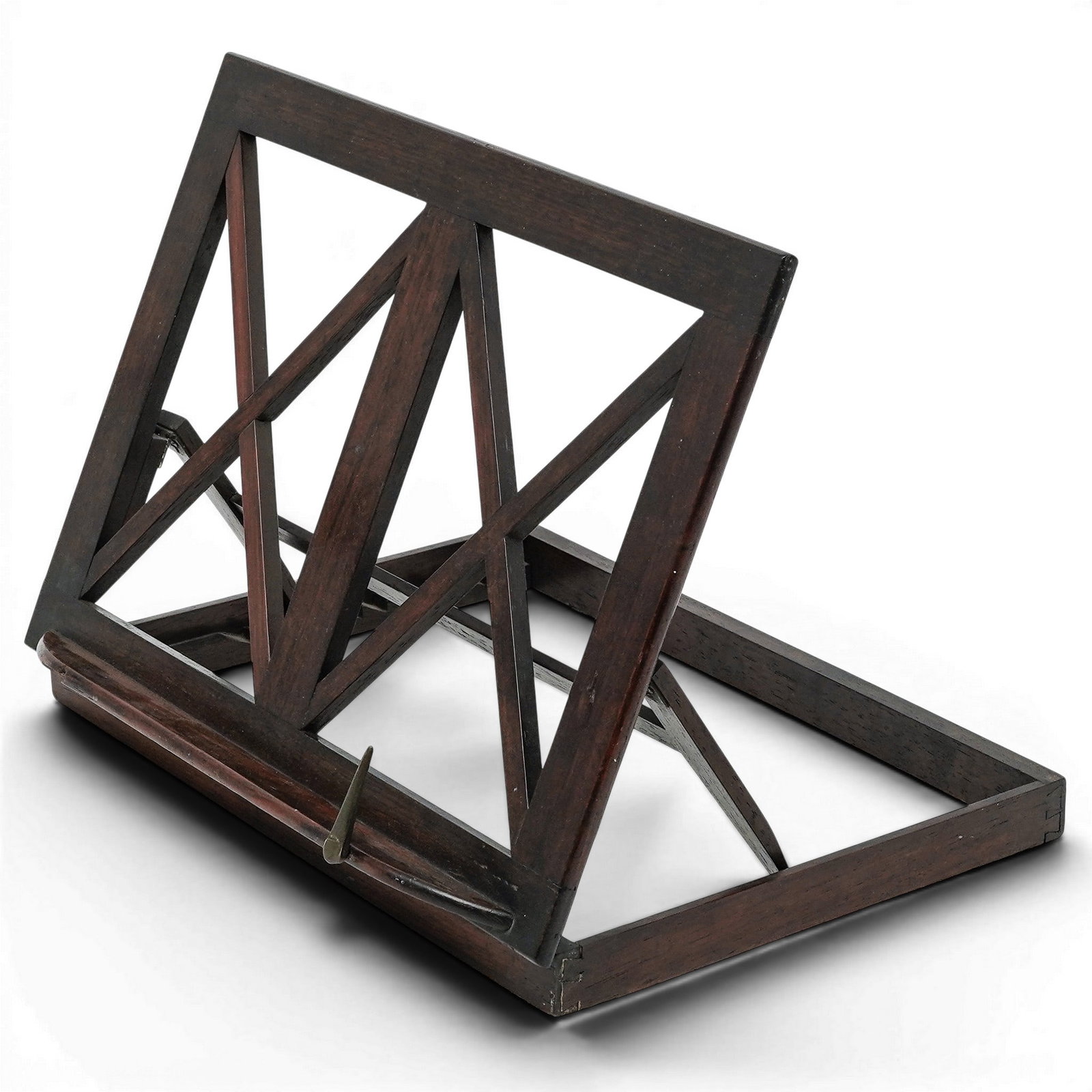 Antique Wood & Brass Music Stand: Antique Wood & Brass Music Stand Early 20th Century Antique wooden music stand featuring an adjustable slant-top book rest with geometric openwork supports and a rich dark-stained oak frame. The stand