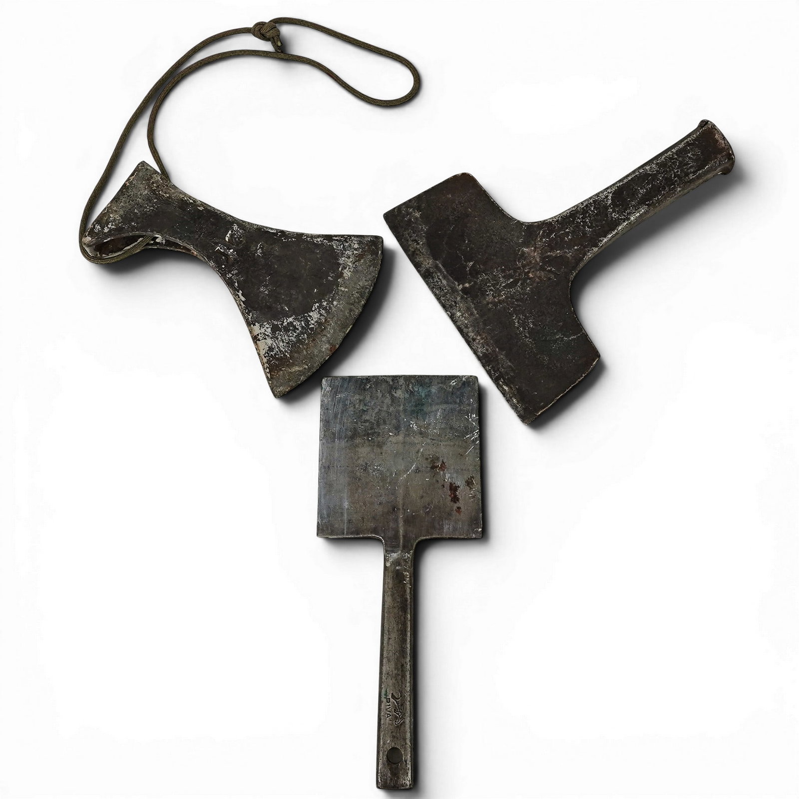 (3 Pc) Antique Forged Iron Cold Chisel, Butcher's Cleaver, and Axe Hatchet (1 of 7)
