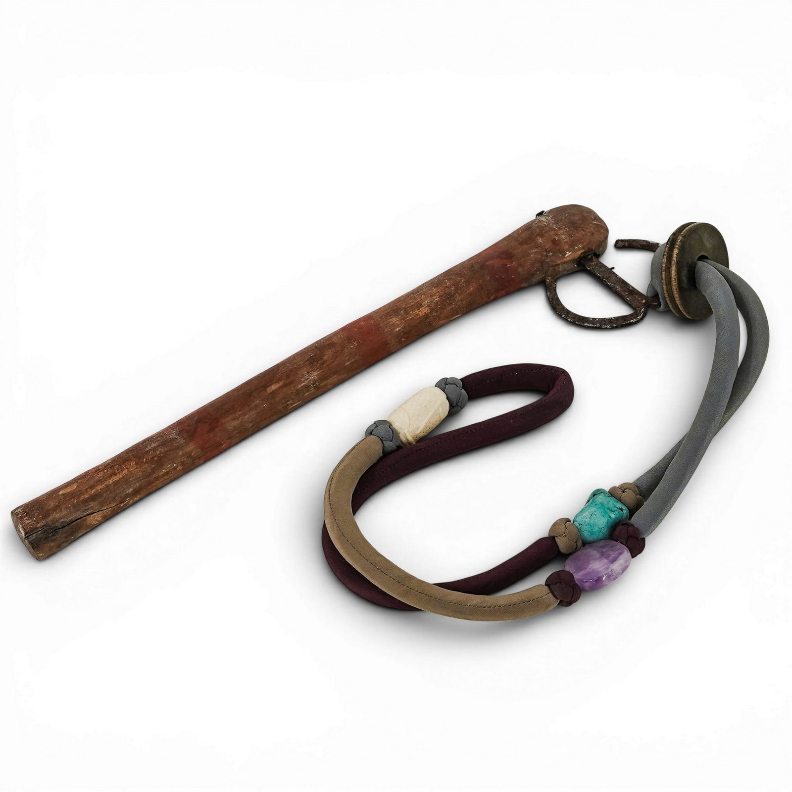 Vintage Wood & Stones Equestrian Riding Quirt: Vintage Wood & Stones Equestrian Riding Quirt Mid 20th Cent This vintage mixed-media equestrian riding quirt is a unique crossover piece blending rustic folk art with Western Americana, featuring a