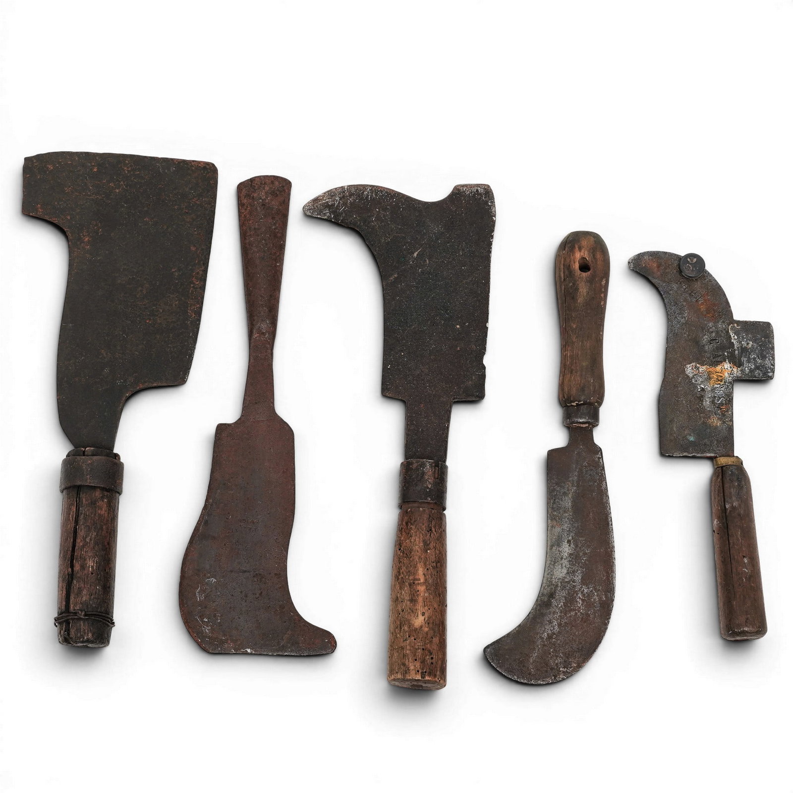 (5 pcs) Antique Tools: (5 pcs) Antique Tools 19th century A set of five antique tools with wooden handles. (1) Meat cleaver or Butcher's knife, stamped on blade. L 13.25" x W 5.25" (1) Billhook, commonly used for hedge-layi
