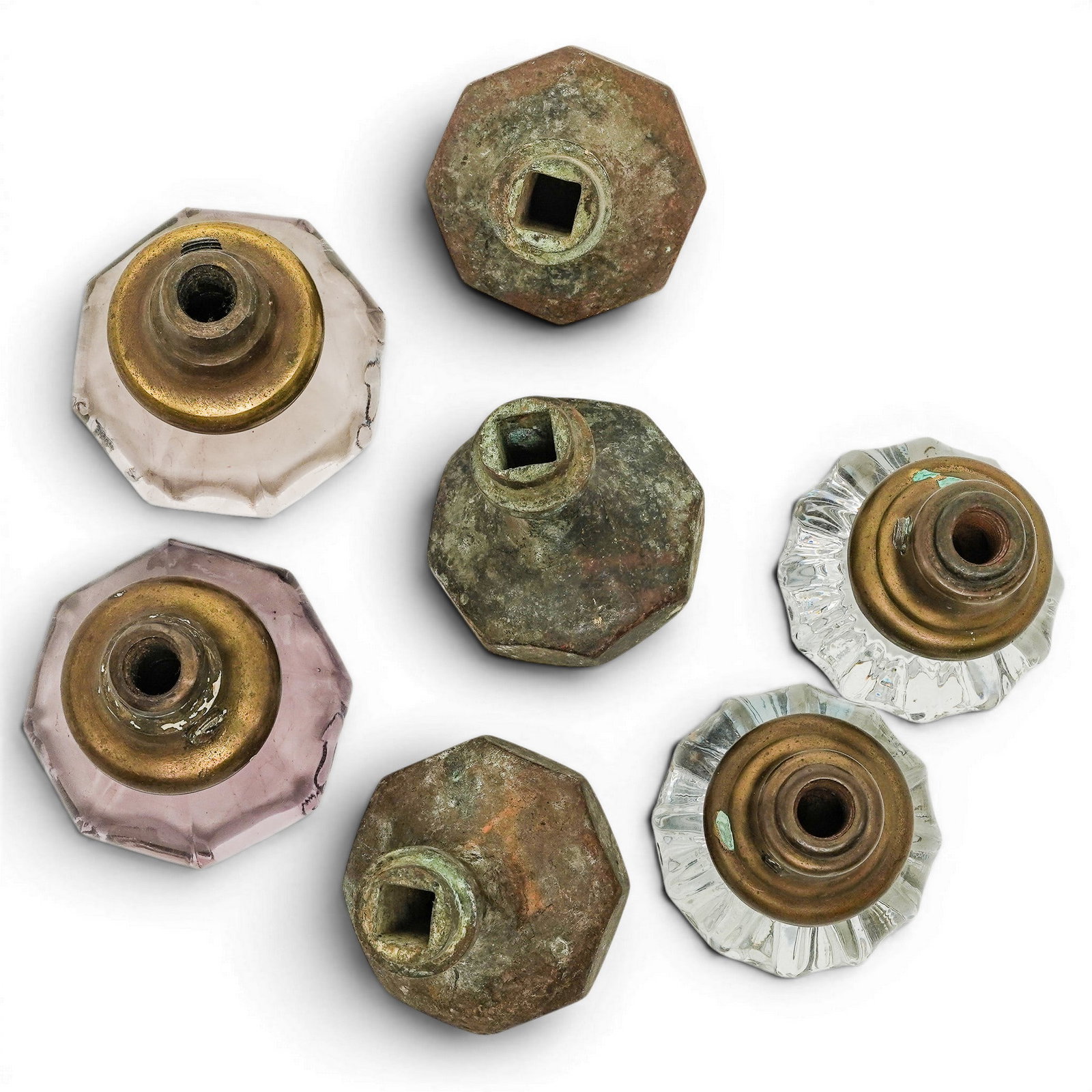 (7 Pc) Antique Brass and Glass Door Knobs - 3