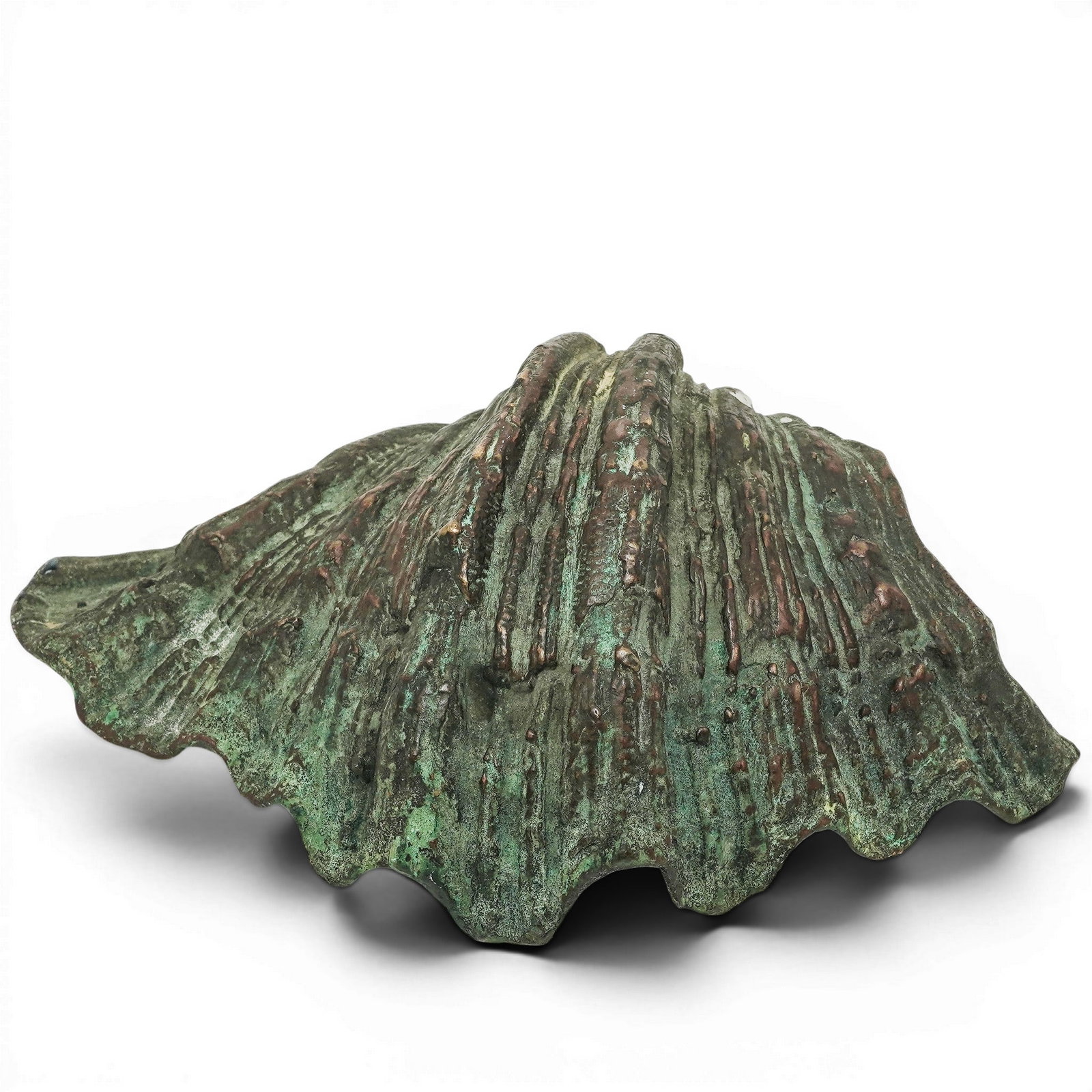 Vintage Cast Bronze Clam Shell: Vintage Cast Bronze Clam Shell Mid 20th Century, United States of America Vintage cast bronze clam shell featuring a naturalistic sculptural form with textured detailing and areas of green verdigris