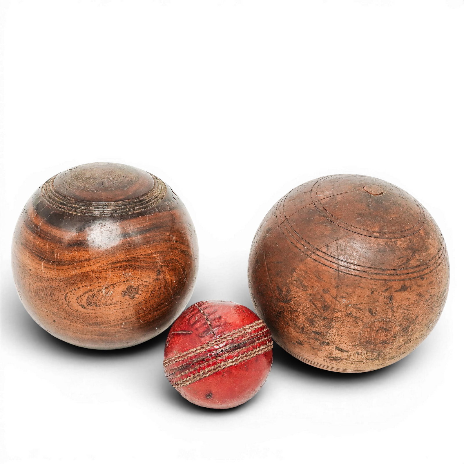 (3pc) Antique Lignum Vitae & Leather Lawn bowling Balls (1 of 6)