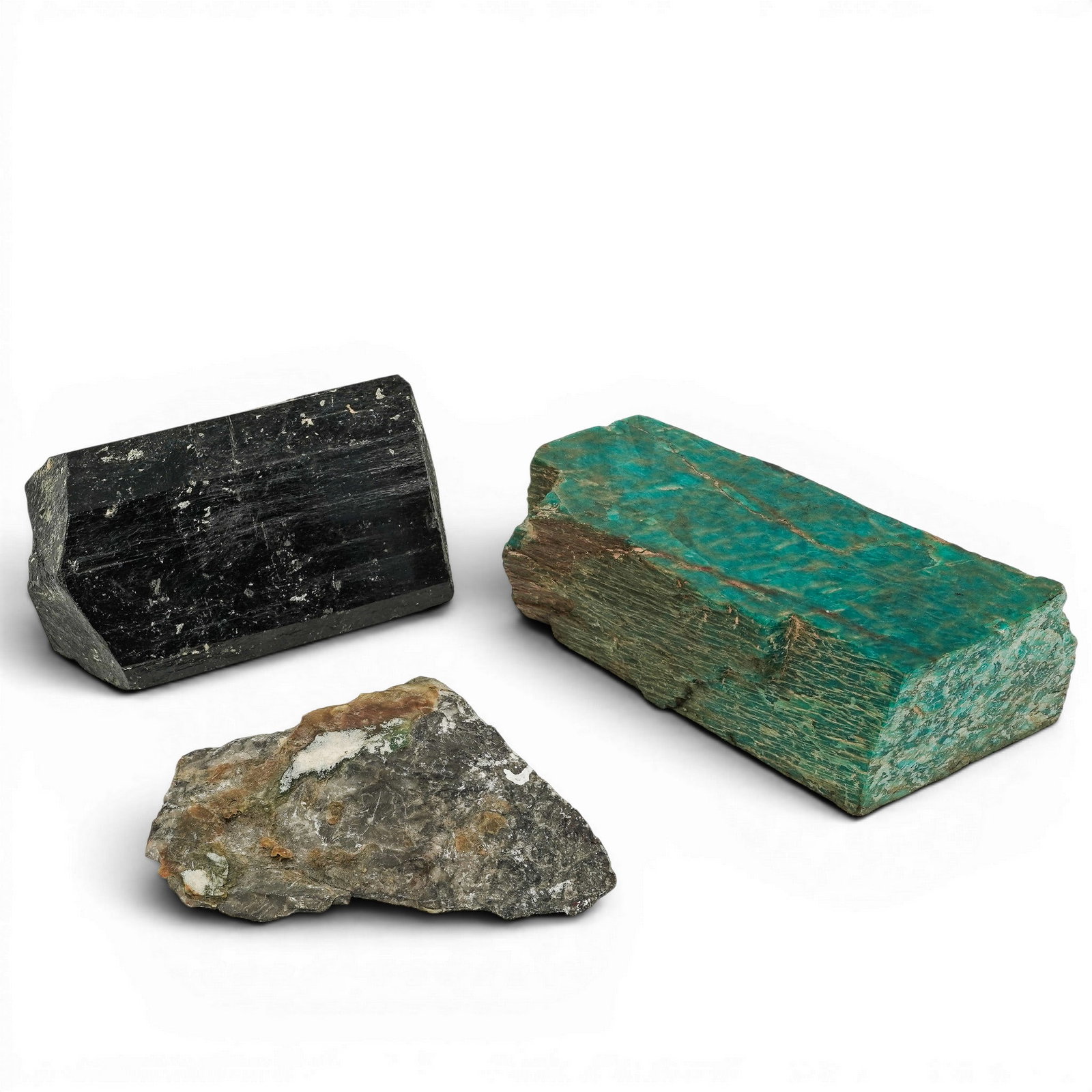 (3 Pc) Natural Slabs, Tourmaline Black Crystal, Green Amazonite: (3 Pc) Natural Slabs, Tourmaline Black Crystal, Green Amazonite A visually striking trio of natural mineral slabs featuring black tourmaline crystal, microcrystalline quartz with visible gold ore