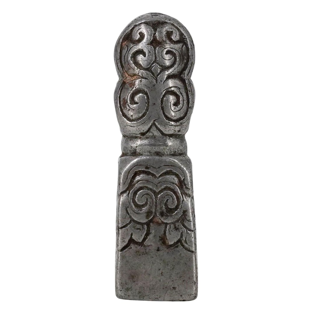 Tibetan Metal Wax Seal Stamp: Tibetan Metal Wax Seal Stamp 20th Century, Tibet Tibetan Metal Wax Seal Stamp; featuring scrolling foliate decoration and seal-form base with Chinese-style character mark to underside. Provenance: