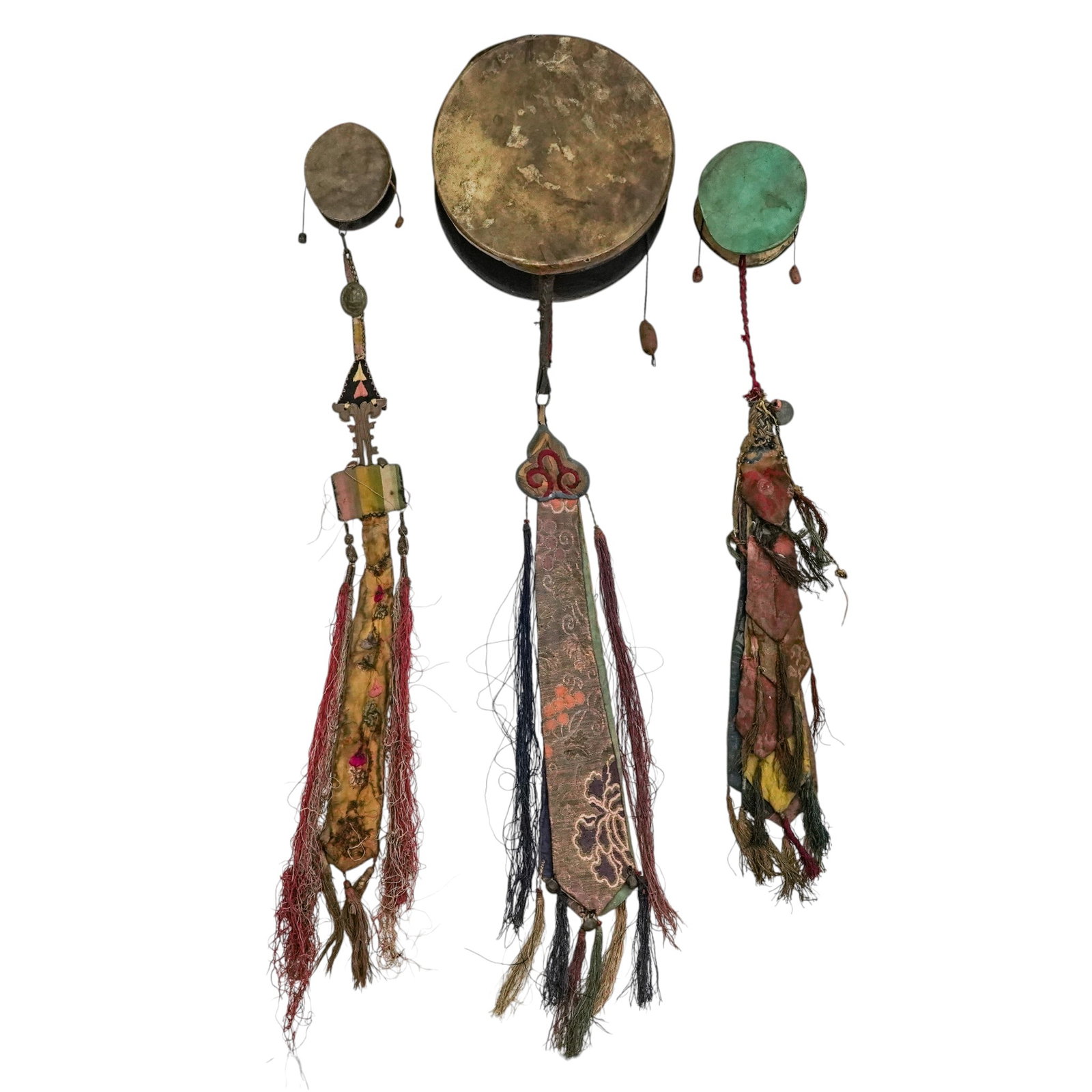 (3 Pc) Antique/Vintage Wood and Leather Tibetan Damaru Drums: (3 Pc) Antique/Vintage Wood and Leather Tibetan Damaru Drums 19th - 20th Centuries, India/Tibet A group of three Tibetan ritual damaru drums, constructed in wood with stretched leather heads, used in