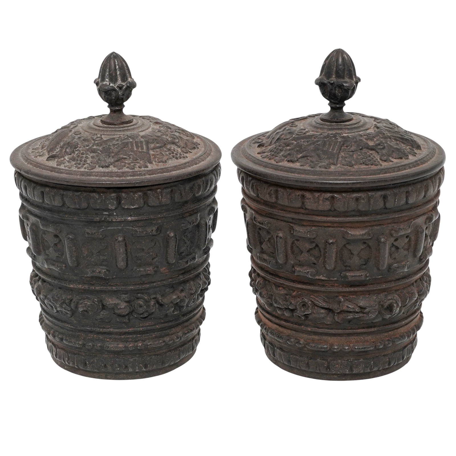 Pair of Antique Oriental\ Cast Iron Tobacco Jars: Pair of Antique Oriental\ Cast Iron Tobacco Jars 19th Century, Europe Pair of European cast metal covered jars executed in an Orientalist style, each decorated with bands of pseudo-Tibetan script,