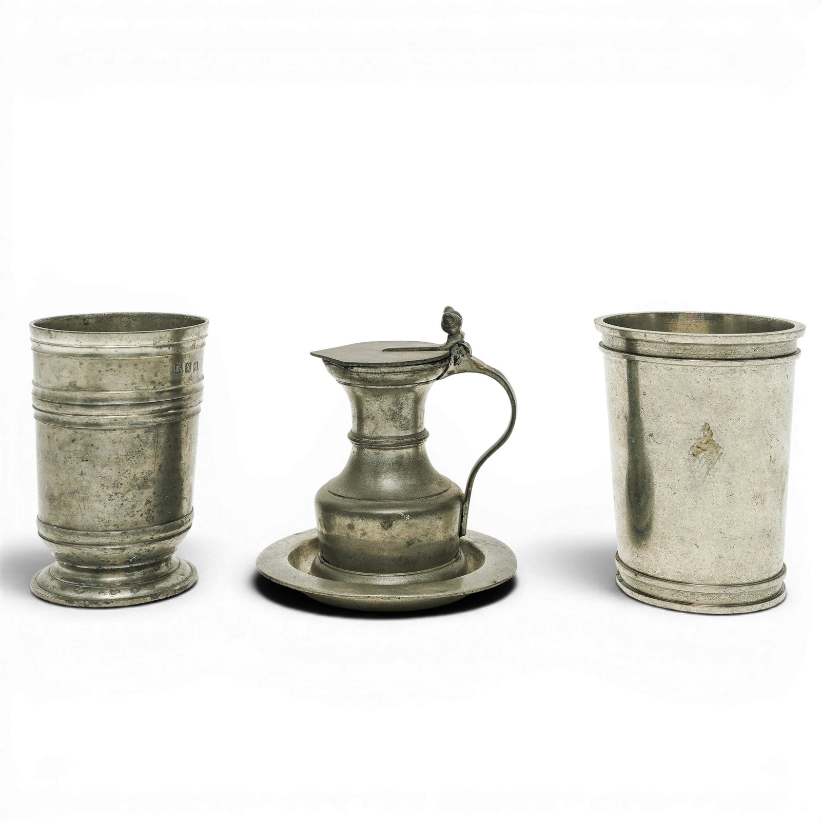 (4 pc) Antique Pewter Cups & Pitcher (1 of 9)