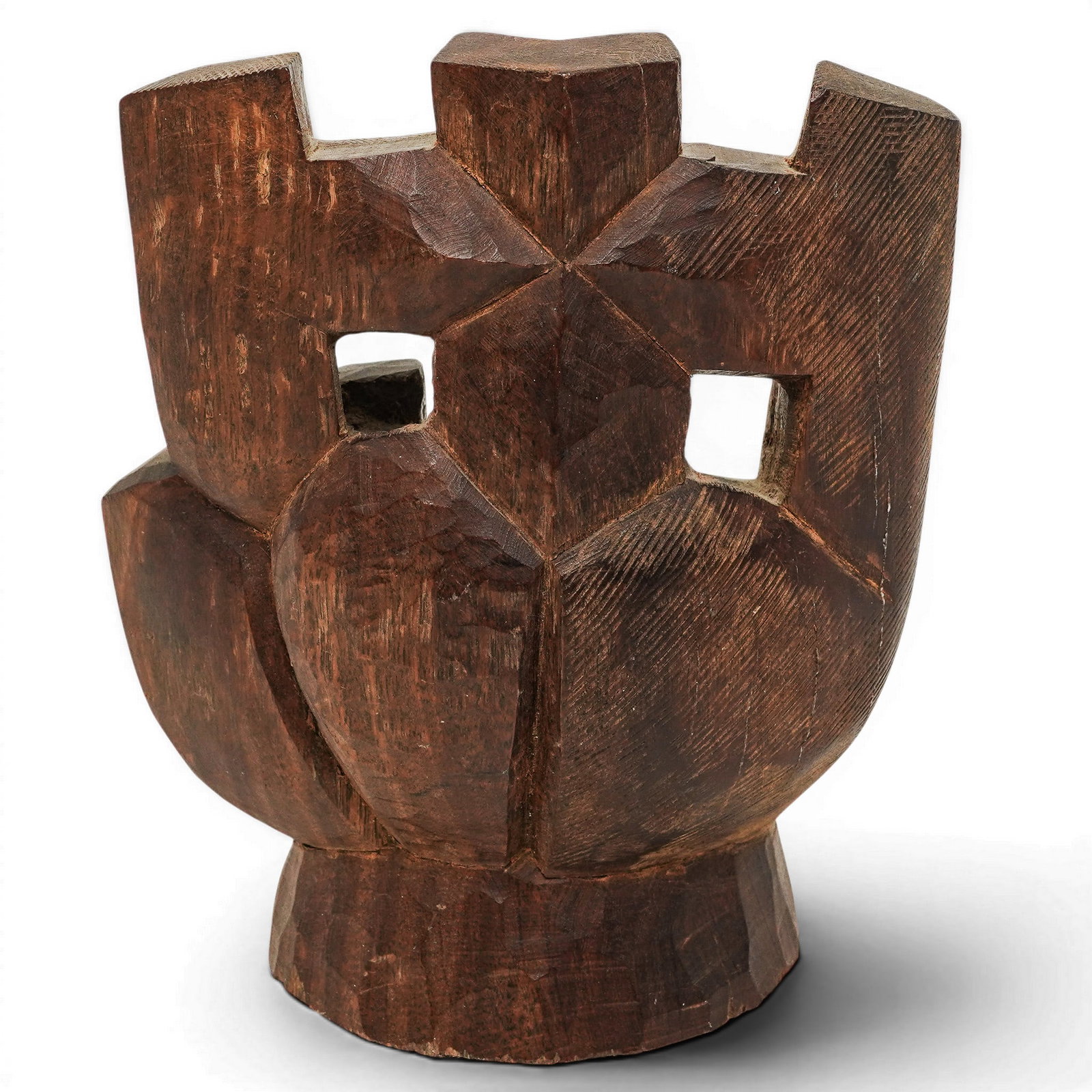 European Folk Art Carved Wood Heart: European Folk Art Carved Wood Heart 20th Century, Europe Hand-carved wooden sculpture in the form of a stylized crowned-heart, executed with geometric openwork and faceted surfaces. Rendered in a