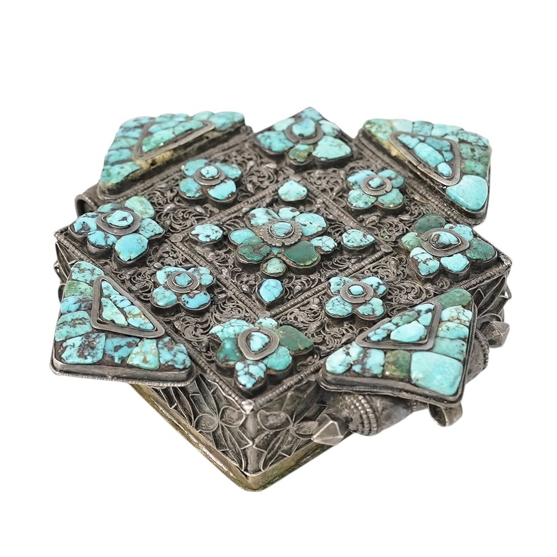 Antique Tibetan and Turquoise Ga'u Box: Antique Tibetan and Turquoise Ga'u Box 19th Century, Tibet Antique Tibetan ga’u box, traditionally used as a portable shrine or protective amulet container. Crafted in metal and richly adorned with