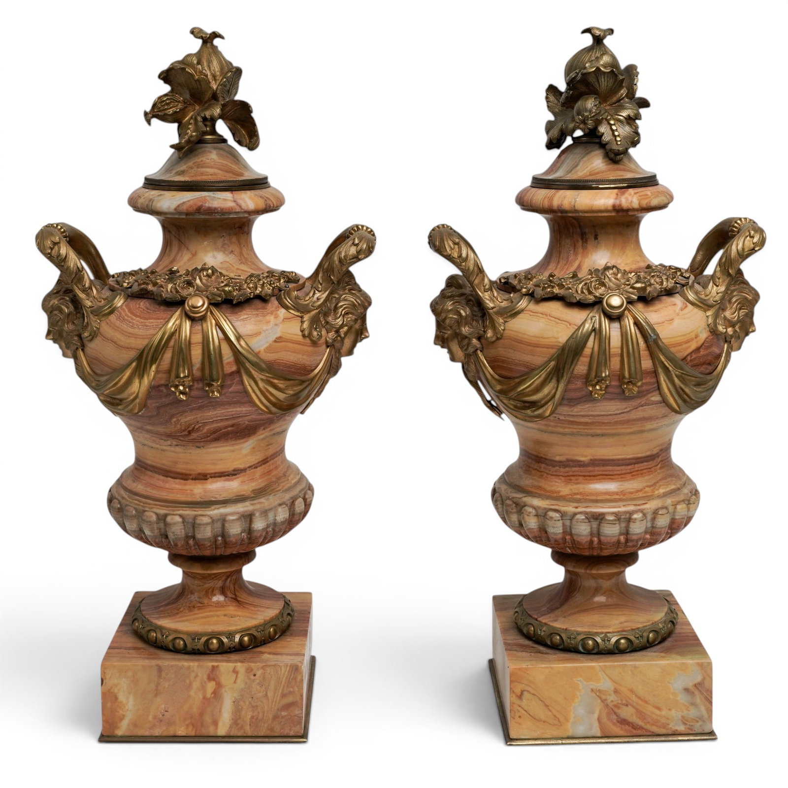 Pair of Antique French Louis XVI Style Gilt Bronze & Marble Cassolettes: Pair of Antique French Louis XVI Style Gilt Bronze & Marble Cassolettes Late 19th century, French Pair of French Louis XVI style carved marble and gilt bronze cassolettes. Dressed in highly detailed