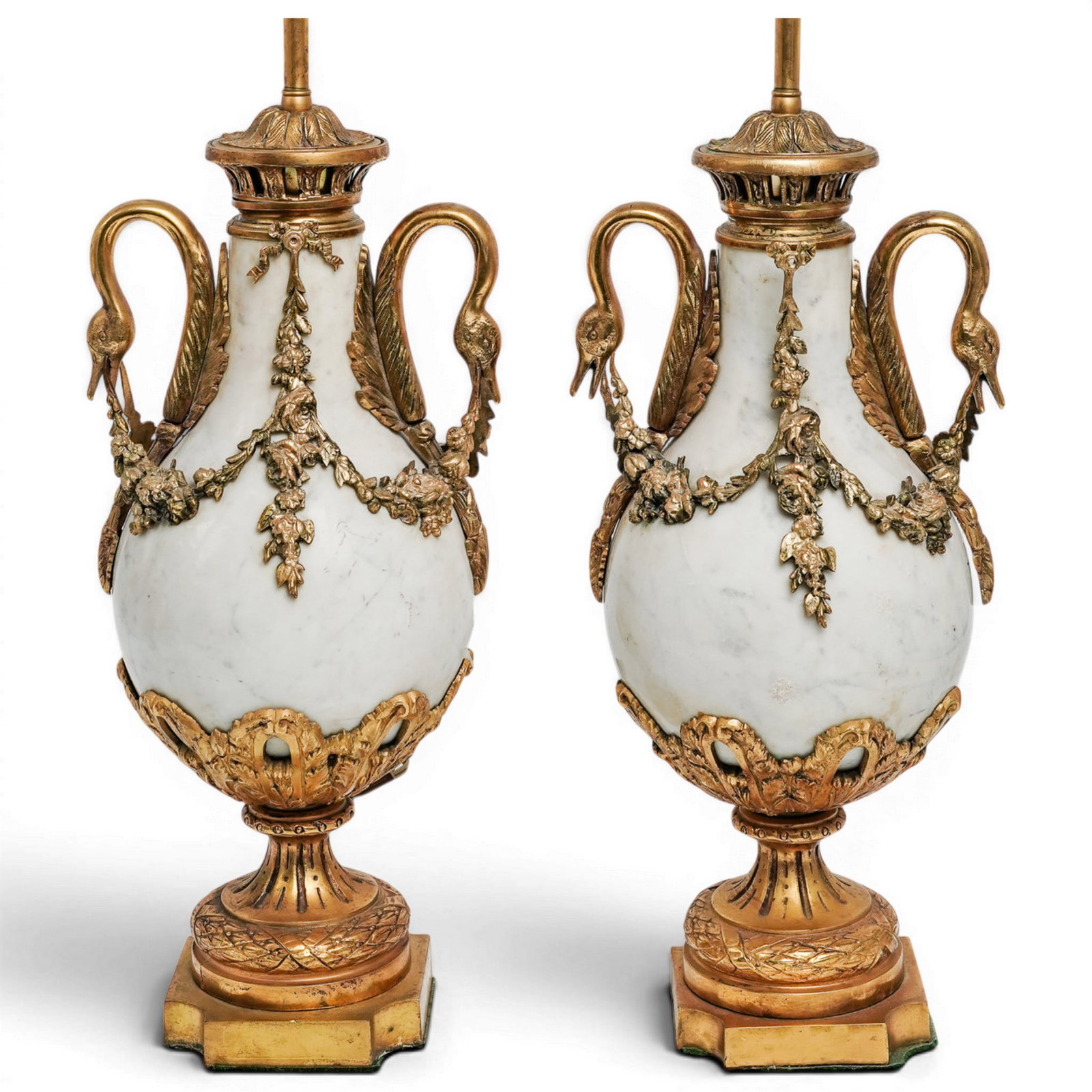 Pair of Antique Louis XVI-Style Gilt Bronze Marble Swan Handles Table Lamps (1 of 5)