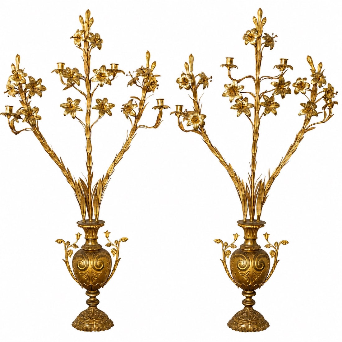 Pair 19th Cent. French Gilt Bronze Lily Candelabras: Pair 19th Cent. French Gilt Bronze Lily Candelabras Late 19th century, French Pair of antique French gilt bronze lily candelabras styled with a prominent floral and urn motif. Dating primarily from