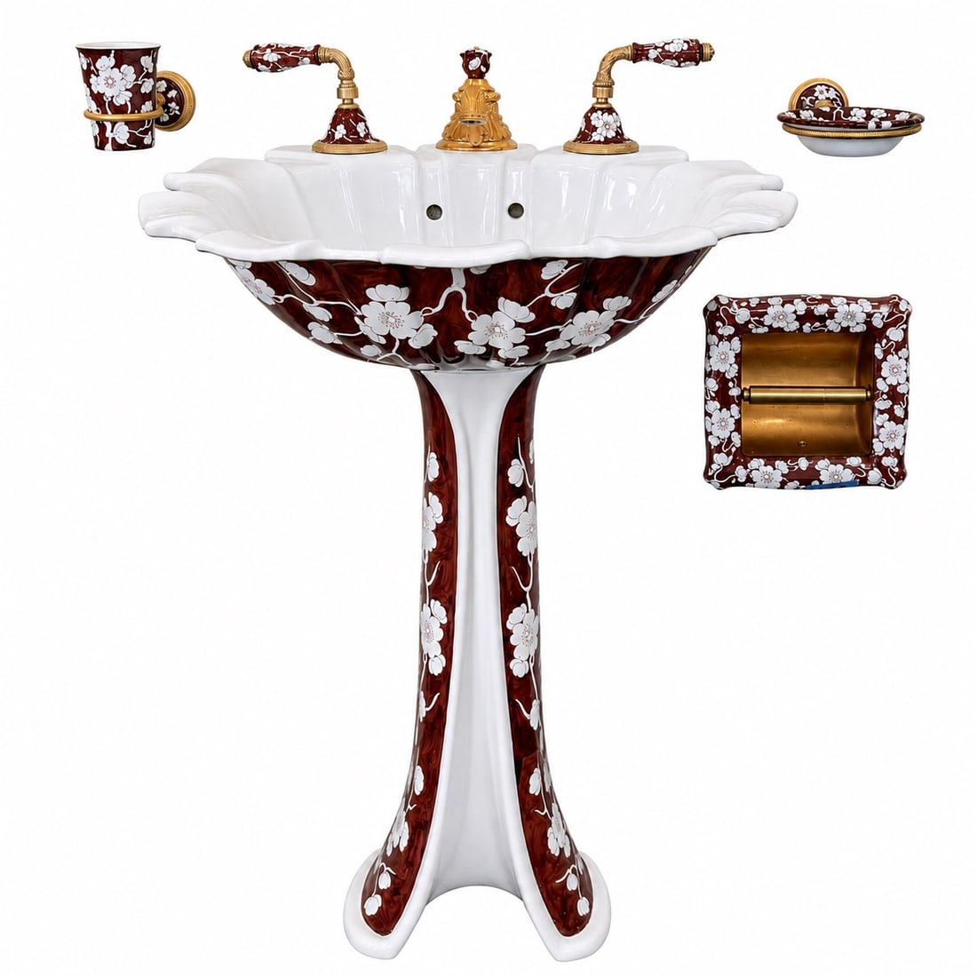 Sherle Wagner “Brown Blossom?? Porcelain Pedestal Sink with Bathroom Accessories (1 of 7)