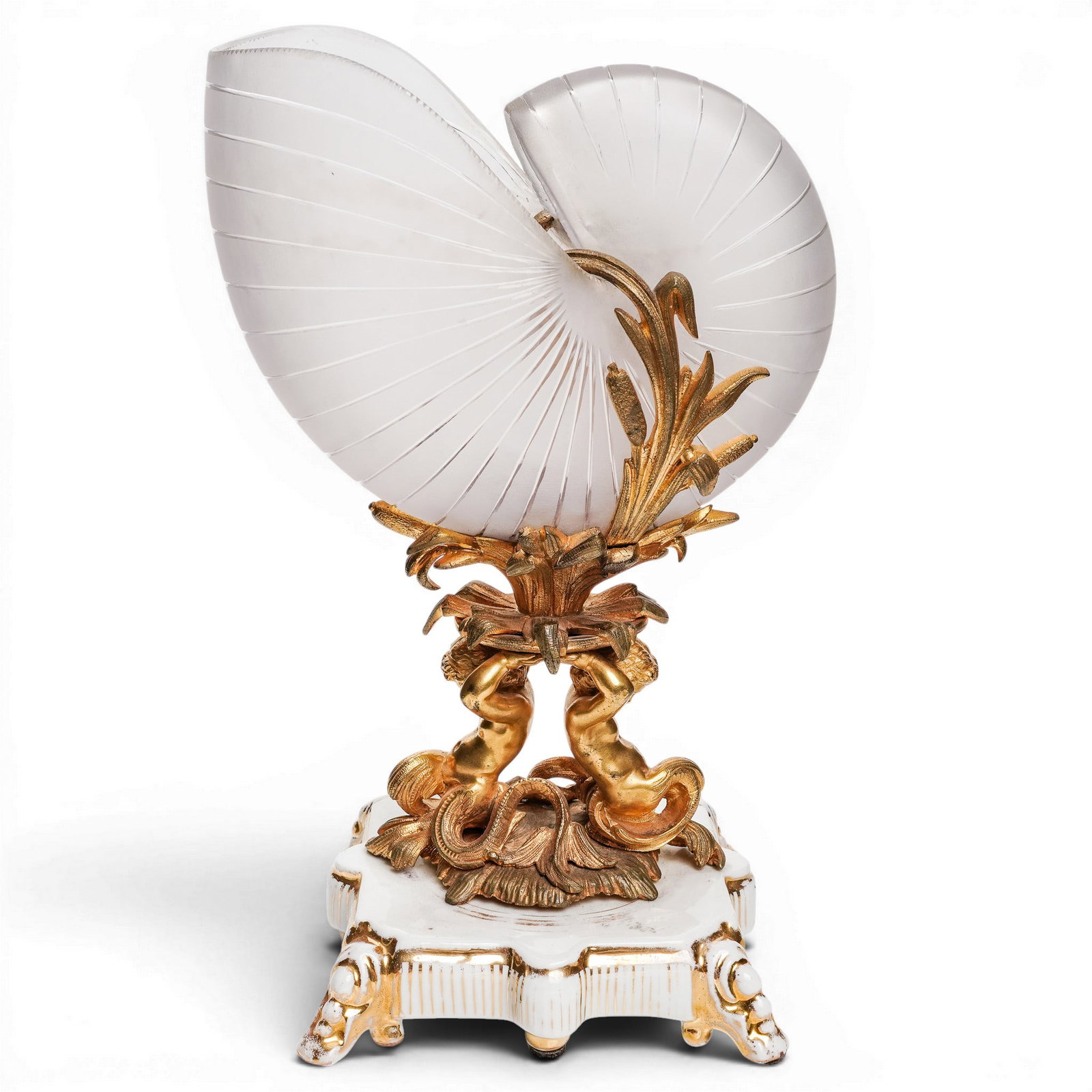 Antique French Bronze & Frosted Glass Nautilus Shell Centerpiece: Antique French Bronze & Frosted Glass Nautilus Shell Centerpiece Late 19th Century, France Antique French Gilt Bronze & Frosted Glass Nautilus Shell Centerpiece featuring a spiraled frosted glass shel