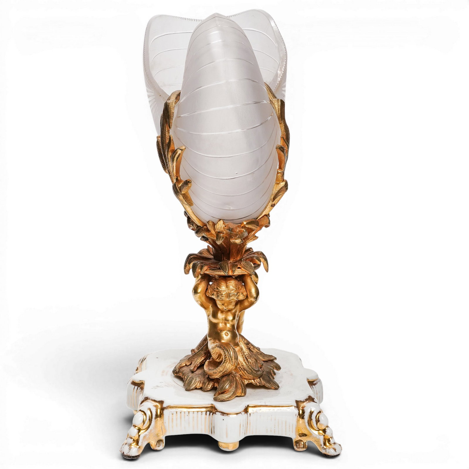 Antique French Bronze & Frosted Glass Nautilus Shell Centerpiece - 2