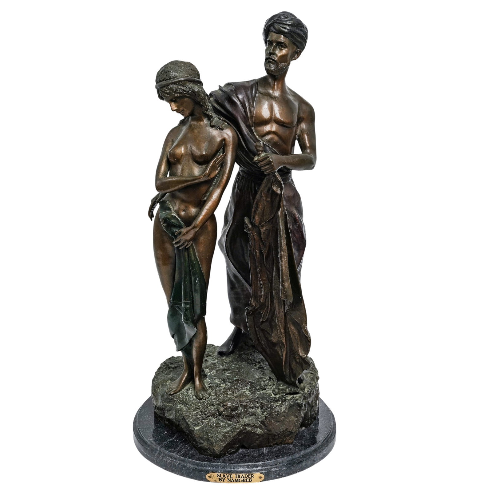 After Franz Xavier Bergman Bronze 'Slave Trader' Sculpture: After Franz Xavier Bergman Bronze 'Slave Trader' Sculpture 20th Century, Austria After Franz Xaver Bergmann bronze figural group depicting a slave trader and female nude in the Orientalist taste. Dark
