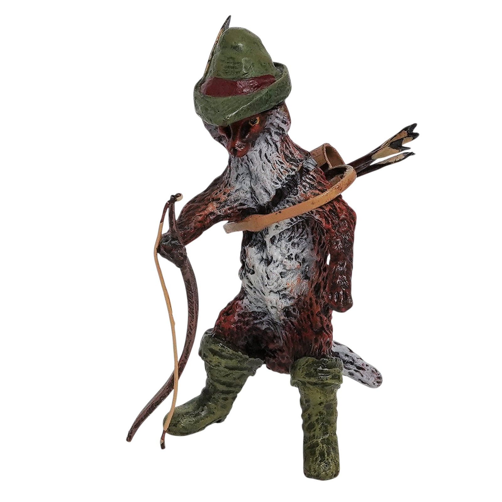 Viennese Cold Painted Bronze 'Robin Hood Fox' Figurine: Viennese Cold Painted Bronze 'Robin Hood Fox' Figurine Early 20th Century, Austria Viennese cold-painted bronze figural sculpture depicting a fox dressed as “Robin Hood,” modeled standing with