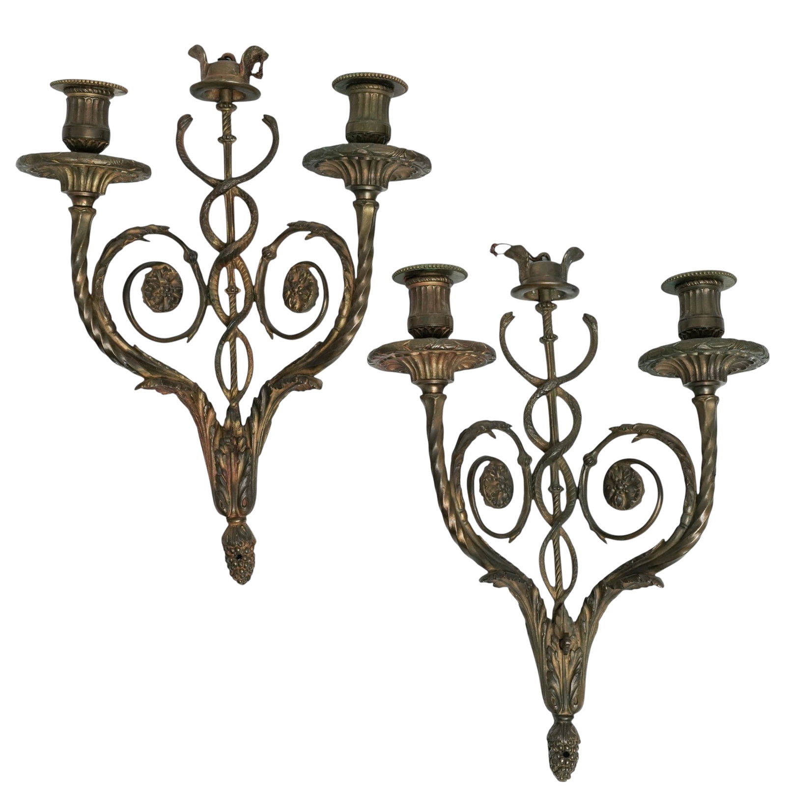 Pair French E. Mottheau Two Light Bronze Sconces: Pair French E. Mottheau Two Light Bronze Sconces Early 20th Century, France Pair of French bronze two-light wall sconces by E. Mottheau, featuring elegant scrolling arms and intertwined ribbon-form su