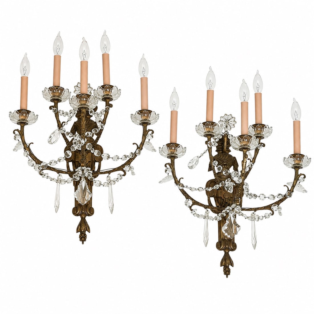 Pair Of Louis XV Style Bronze & Crystal Five Wall Sconces: Pair Of Louis XV Style Bronze & Crystal Five Wall Sconces Early-Mid 20th Cent., Probably French This pair of French Louis XV-style wall sconces is crafted from gilt bronze and designed with a classic 