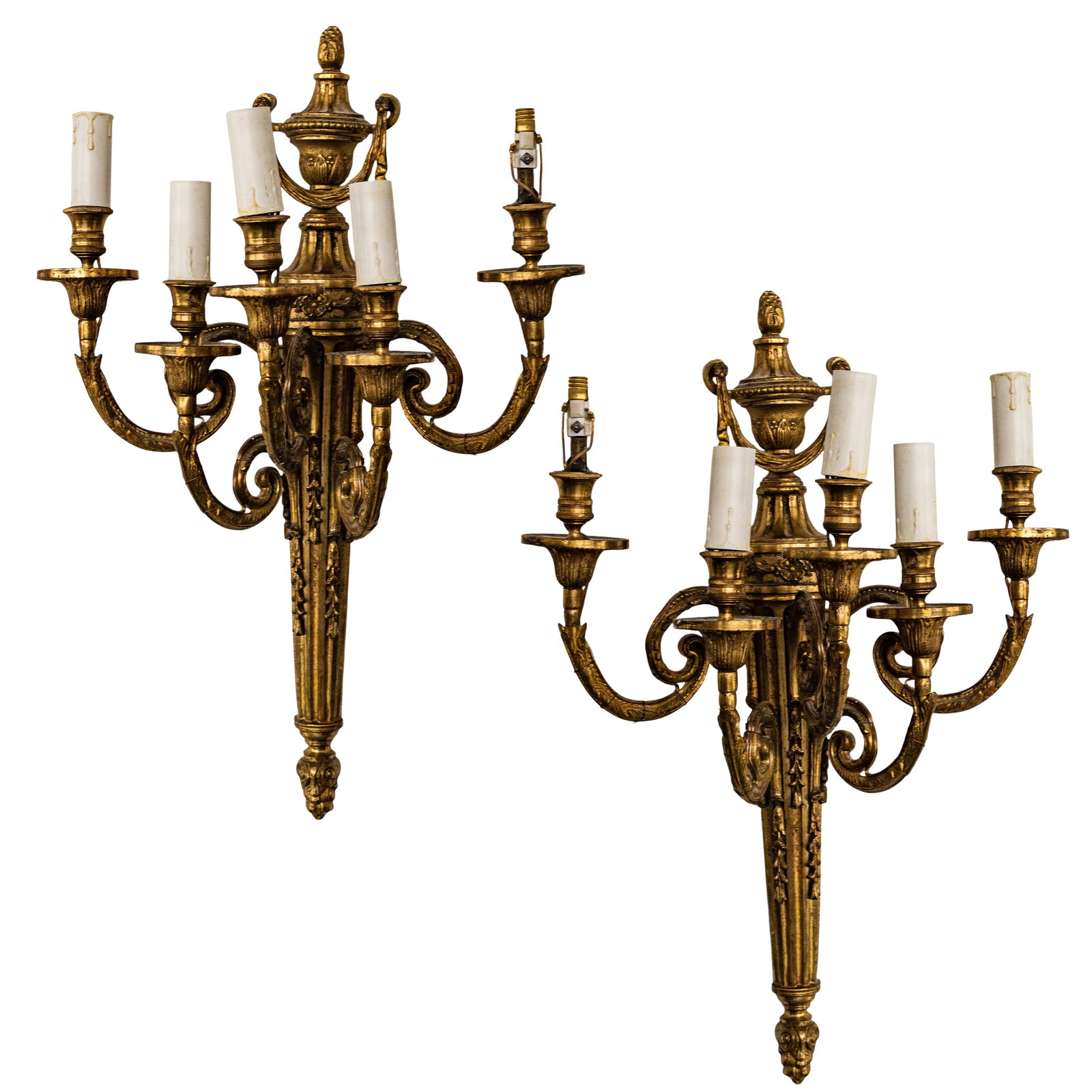Pair of Gilt Bronze Louis XVI Style Five Light Wall Sconces: Pair of Gilt Bronze Louis XVI Style Five Light Wall Sconces Early 20th Century, France Pair of Louis XVI-style gilt bronze wall sconces, each fitted with five scrolling candle arms and richly cast neo