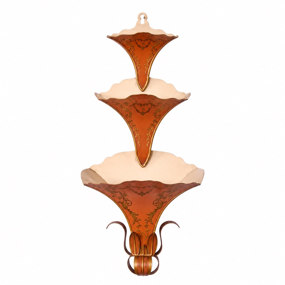 Vintage French Pink & Gold Tole Tiered Wall Planter: Vintage French Pink & Gold Tole Tiered Wall Planter 20th Century, France. Vintage pink and gilt tole tiered wall planter featuring three graduated floral-form pockets with hand-painted gilt scrolling 
