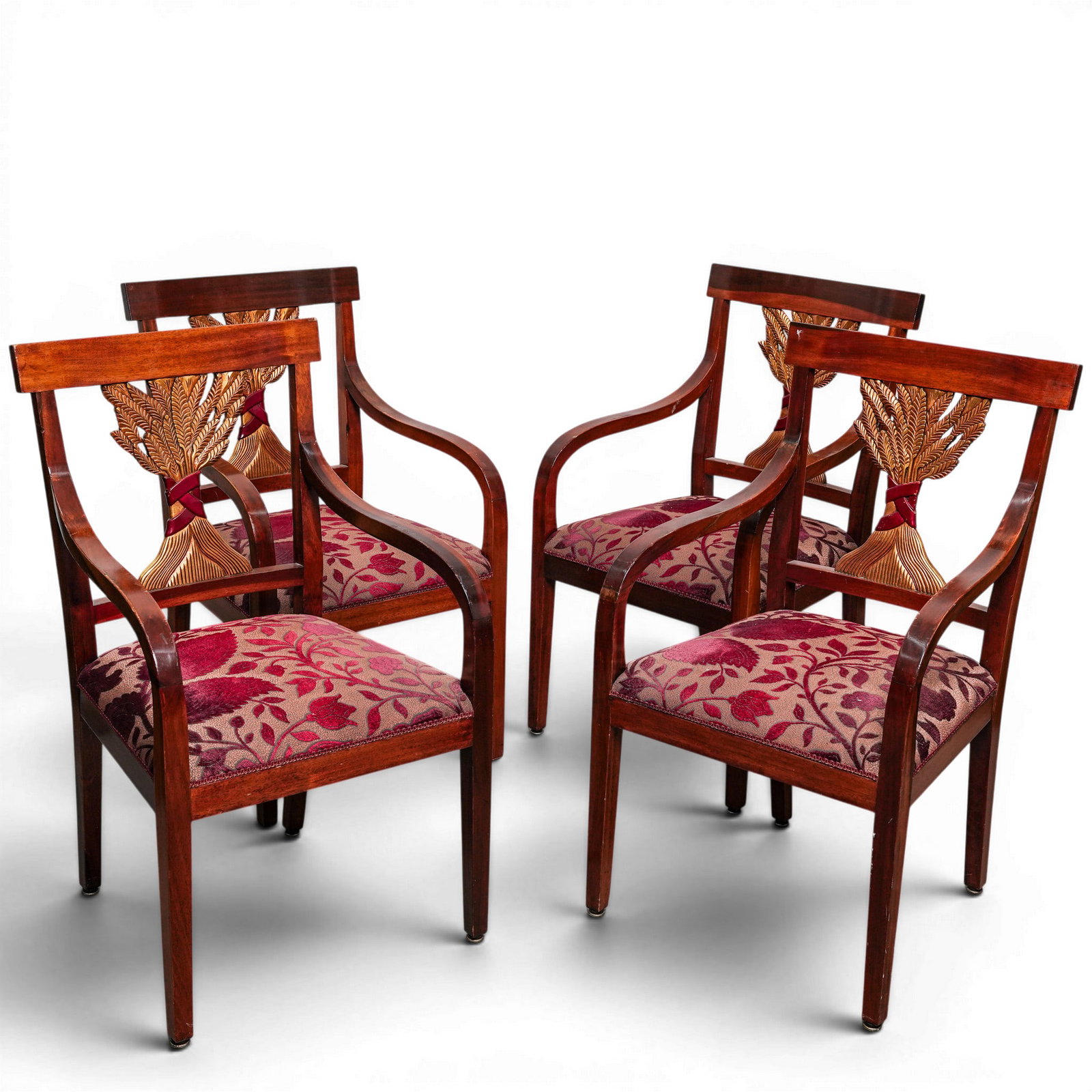 (4 pcs) Neoclassical Style Wheat Motif Upholstered Wood Chairs (1 of 4)