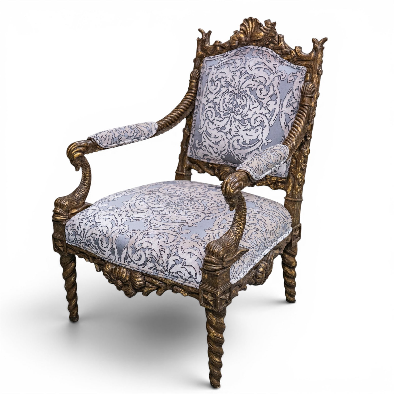 Tomlinson Erwin-Lambeth French Louis XV Style Armchair: Tomlinson Erwin-Lambeth French Louis XV Style Armchair 20th Century, Continental Carved wood armchair showcasing nautical motifs, including spiral arms with dolphin decorations. Completed with ornate 