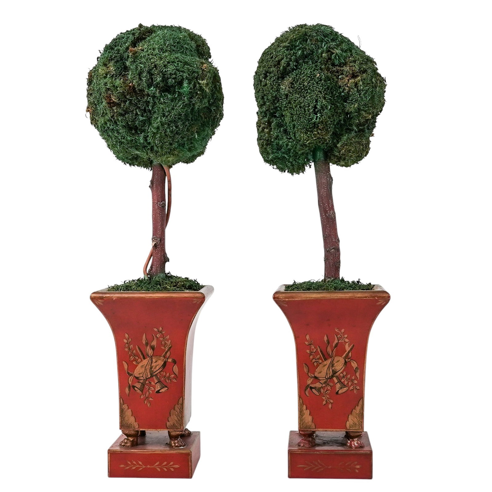 Pair of French Faux Topiary Trees in Tole Planters: Pair of French Faux Topiary Trees in Tole Planters Early 20th Century, French Pair of faux topiary trees featuring spherical greenery mounted on twisted trunk forms, housed in painted red tole planter