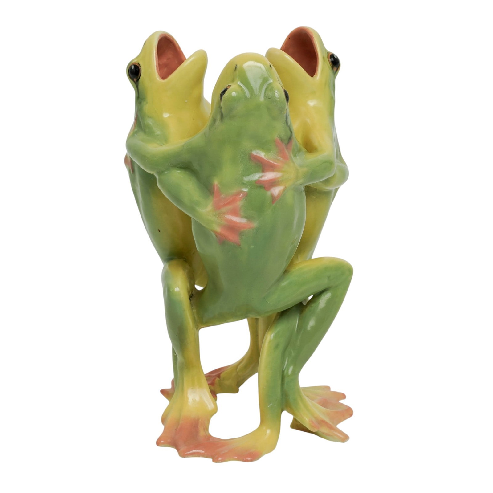 Delphin Massier Vallauris (French, 1836-1907) Majolica Dancing Frogs Triptych Vase: Delphin Massier Vallauris (French, 1836-1907) Majolica Dancing Frogs Triptych Vase Late 19th Century, France. Delphin Massier Vallauris majolica figural vase depicting three dancing frogs in vibrant g