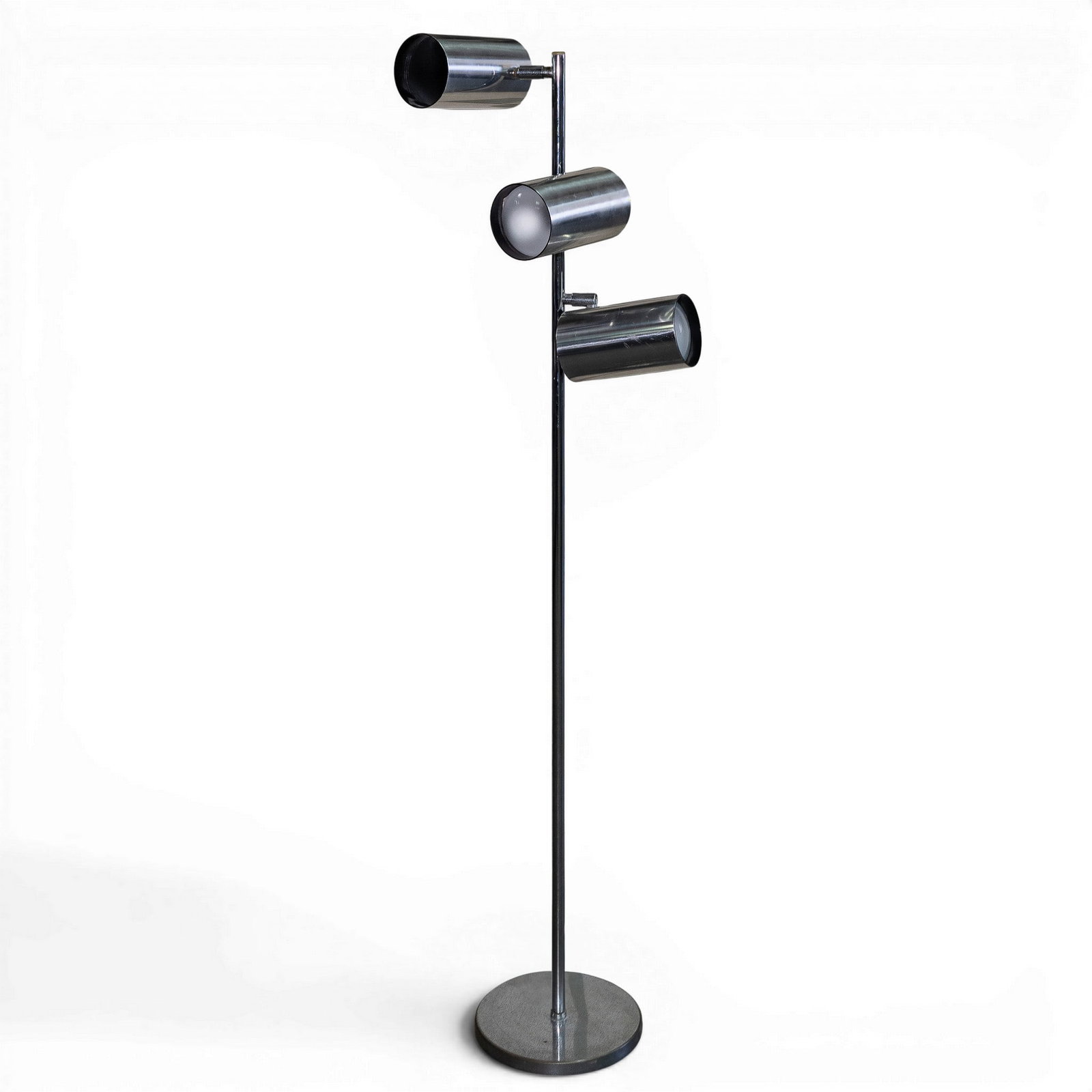 MCM Chrome Floor Lamp: MCM Chrome Floor Lamp Mid 20th century A mid-century modern chrome floor lamp with three light sockets. Fixtures on sides are stamped "OMI", indicating these parts are manufactured by Otto Meinzer