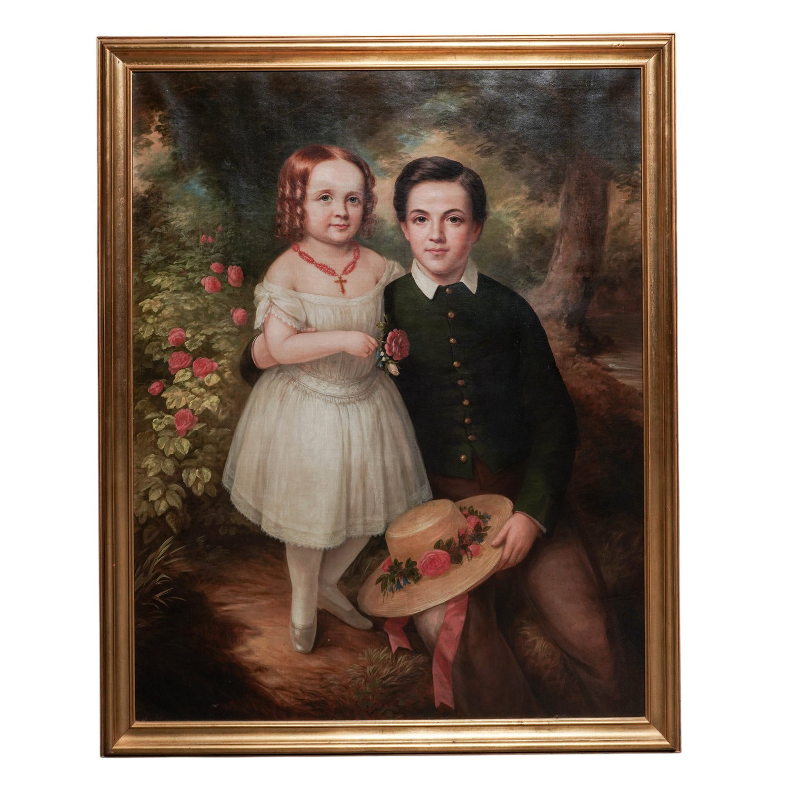 Henry Cheever Pratt (American, 1803-1880) 'Portrait of a Boy & Girl with Roses' Oil on Canvas (1 of 10)