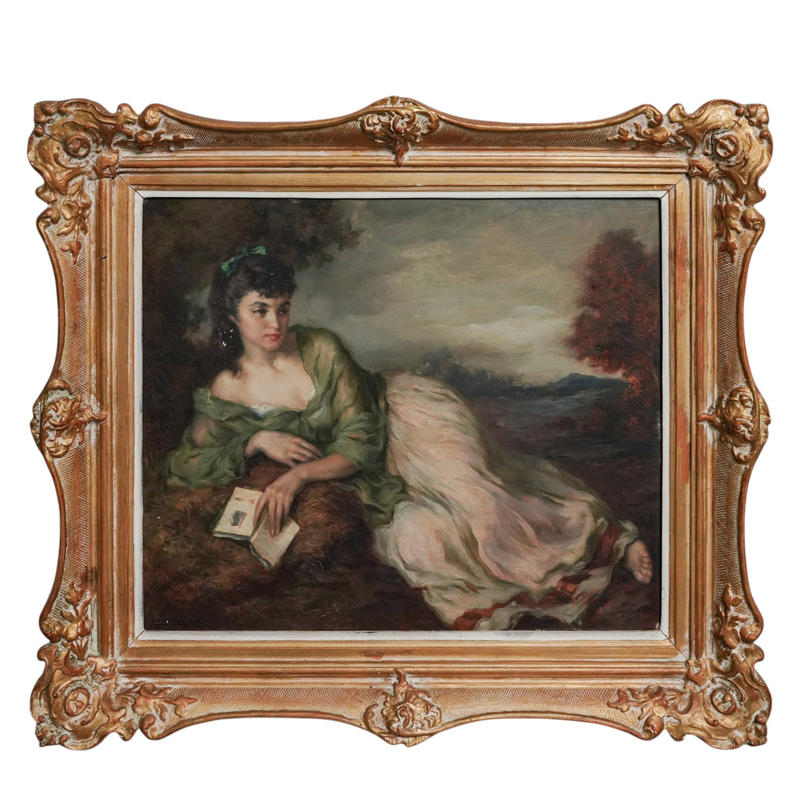 Francisco Ribera Gómez (Spaniard, 1907-1996) 'La Poetisa' Oil on Board: Francisco Ribera Gómez (Spaniard, 1907-1996) 'La Poetisa' Oil on Board 1955, Spain Oil on board portrait painting titled La Poetisa, depicting a reclining young woman holding a book within a landscap