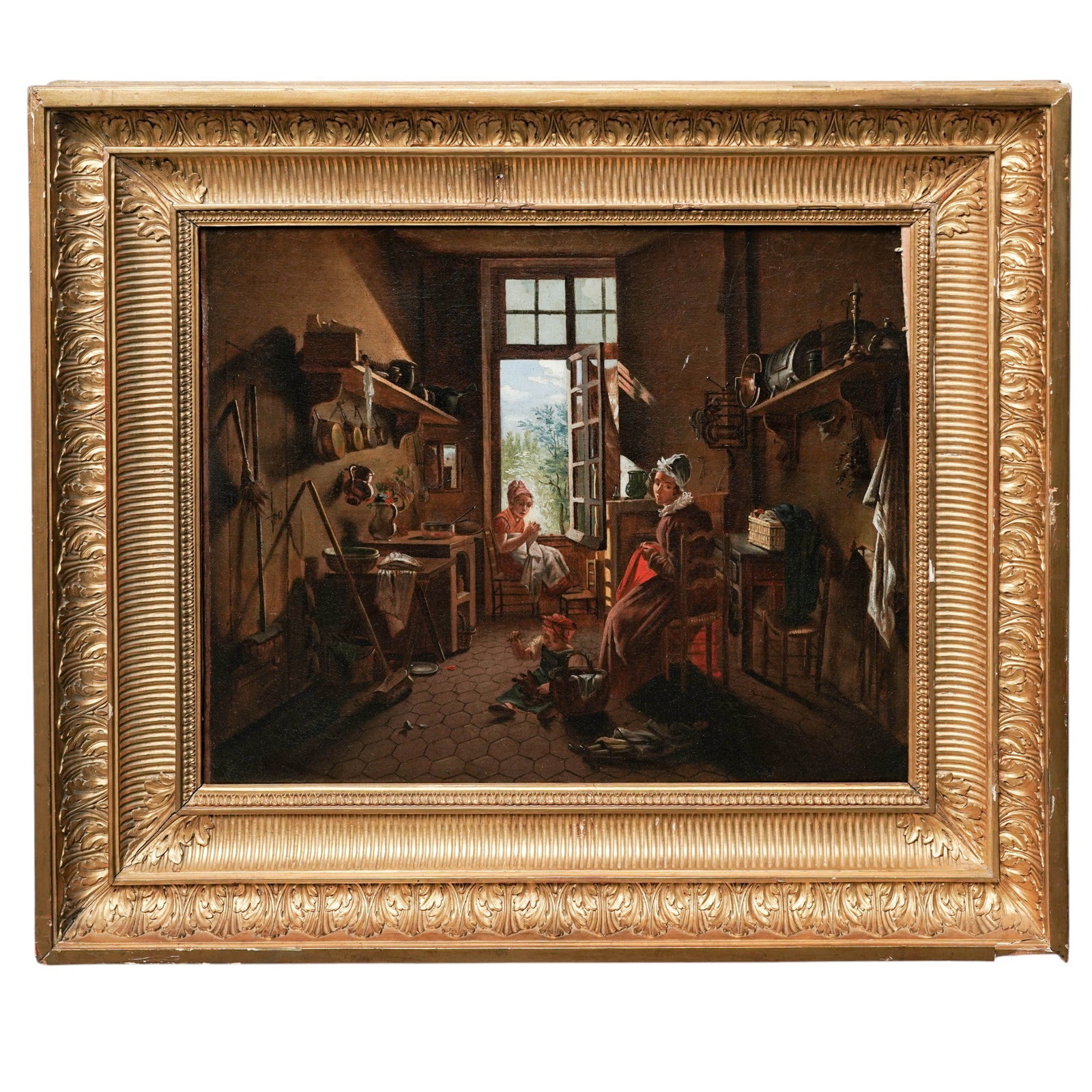 After Martin Drolling "Interior Of A Kitchen" Oil Painting: After Martin Drolling "Interior Of A Kitchen" Oil Painting 19th c., Europe Antique painting after the famous painting Interior of a Kitchen by Martin Drolling (French, 1752-1817). The artwork depicts 