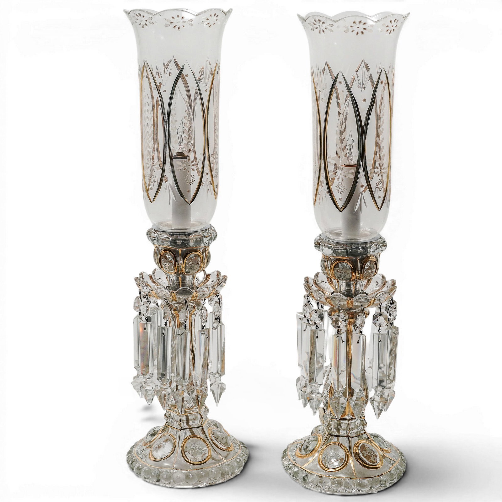Pair of Antique Baccarat Enameled Crystal Hurricane Candelabras (1 of 9)