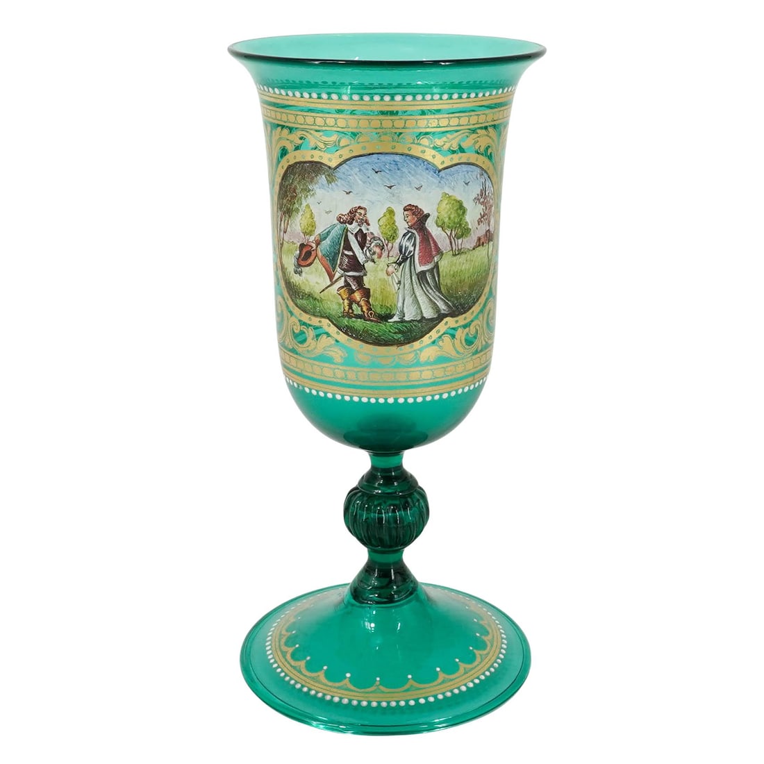 Antique French Hand-Painted Glass Goblet: Antique French Hand-Painted Glass Goblet Early 20th Cent., French This is a rare, emerald-green French art glass goblet featuring a flared bowl, a multi-tiered knop stem, and an exterior heavily adorn