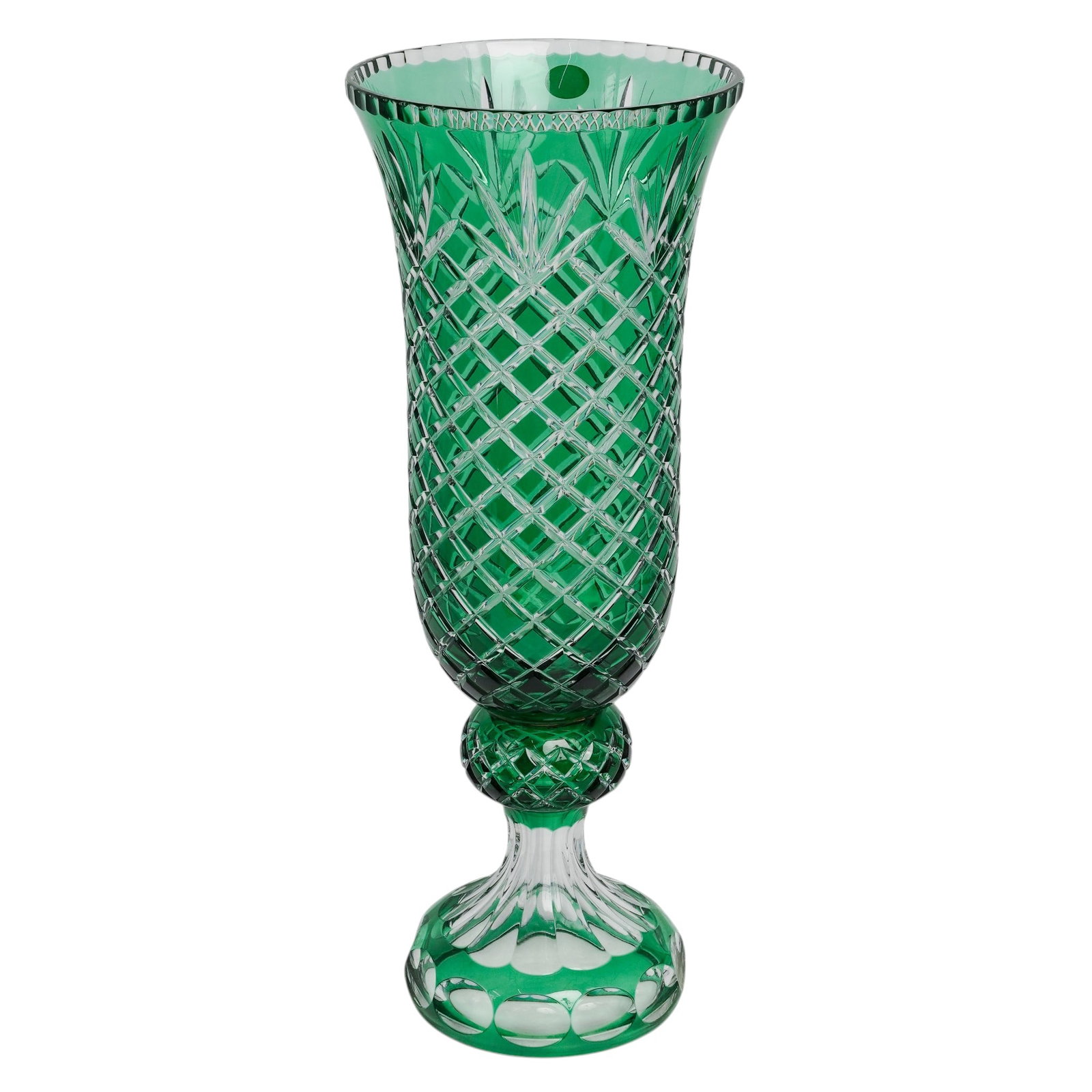 Large Badash Emerald Green Cut To Clear Crystal Pedestal Vase: Large Badash Emerald Green Cut To Clear Crystal Pedestal Vase 20th Cent.,Polish Badash lead-free crystal pedestal urn vase crafted using a traditional European cut-to-clear glass-blowing technique. It