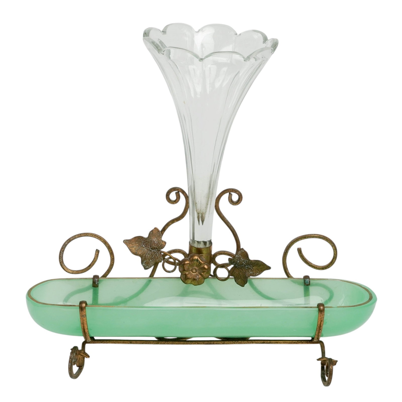 Victorian French Green Opaline & Clear Glass w/ Brass Epergne: Victorian French Green Opaline & Clear Glass w/ Brass Epergne c. 1880-1905, French Antique French opaque green opaline glass and brass centerpiece decorative set. A clear, fluted glass vase shaped lik