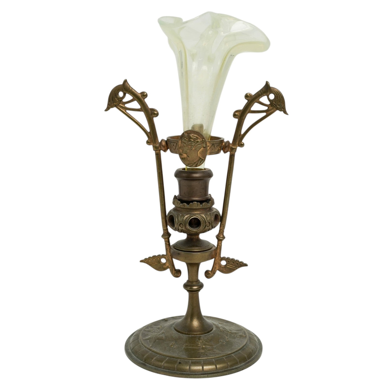 Art Nouveau Bronze & Uranium Glass Epergne: Art Nouveau Bronze & Uranium Glass Epergne c. 1890-1910, European The top features a trumpet-shaped Uranium glass vase. It has an iridescent opalescent finish that transitions from a milky-white ruffl