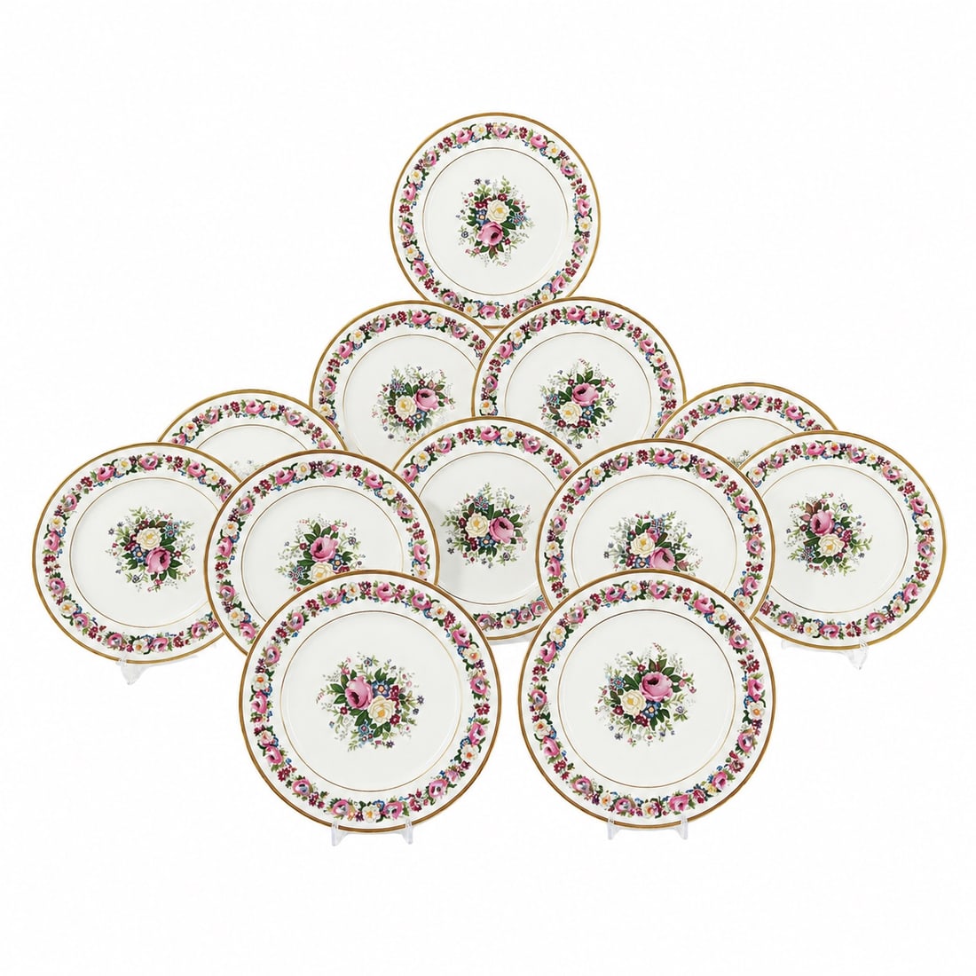 (12 Pc) Antique Balleroy Frères x Limoges Porcelain Dinner Plates: (12 Pc) Antique Balleroy Frères x Limoges Porcelain Dinner Plates Early 20th Cent., French French Limoges porcelain dinner plates, featuring an exquisite hand-painted pattern by the renowned decorati