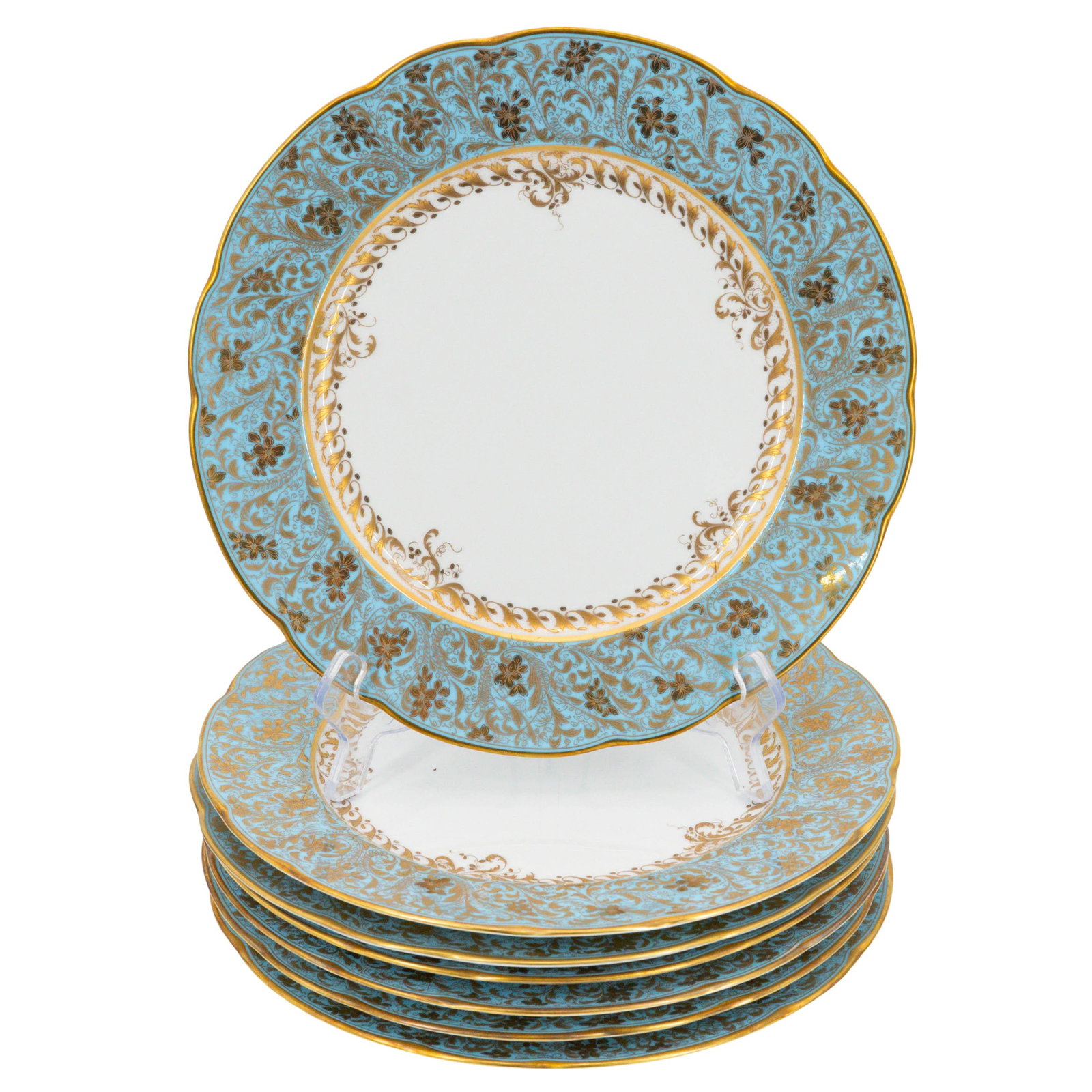 (7 pc) Bernadaud ‘Eden Turquoise’ Gilt Porcelain Dinner Plates (1 of 4)