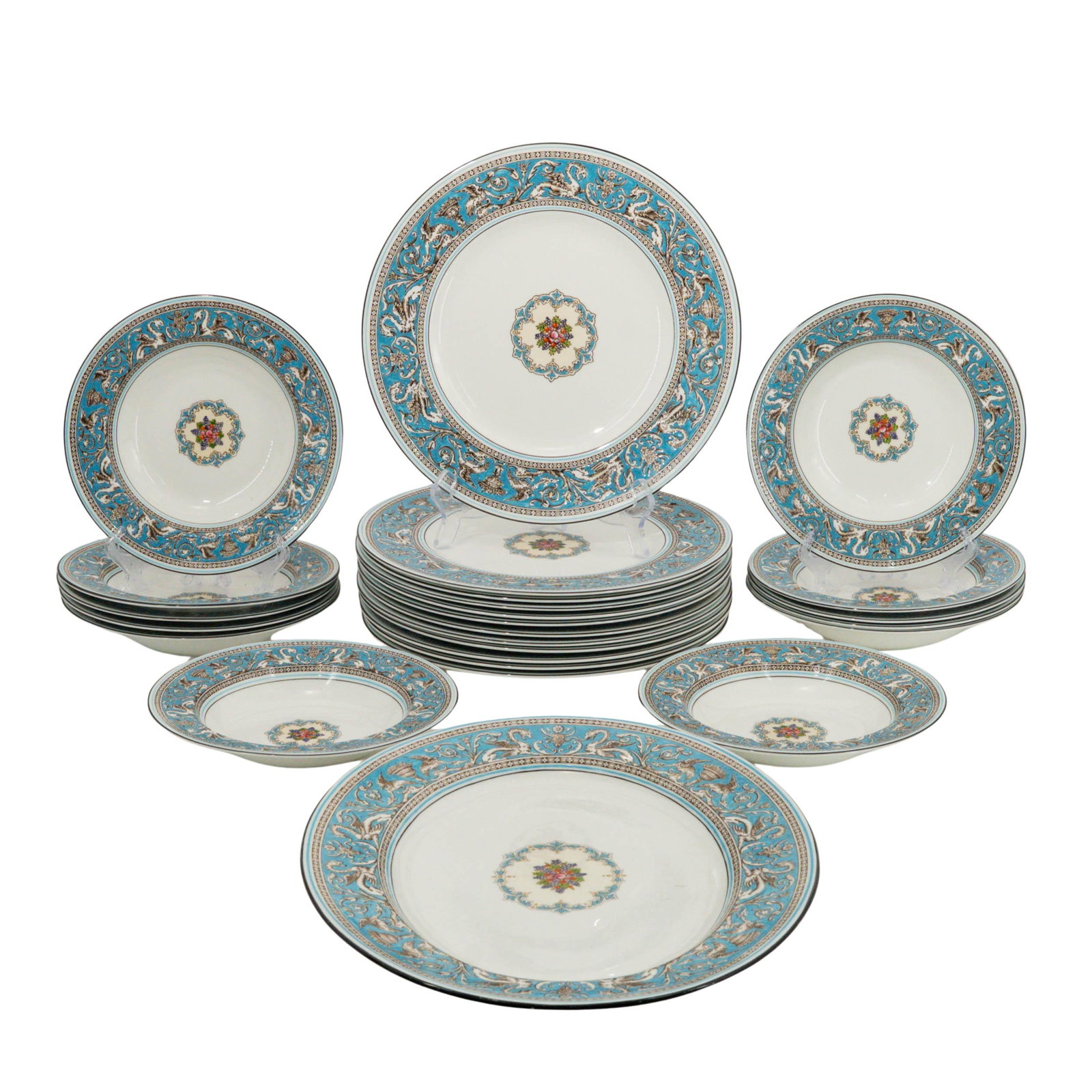 (25pc) Wedgwood "Florentine" Turquoise Porcelain Group: (25pc) Wedgwood "Florentine" Turquoise Porcelain Group 1931. English "Florentine" Turquoise pattern by Wedgwood, a legendary neoclassical design. The collection showcases wide, vibrant turquoise ename