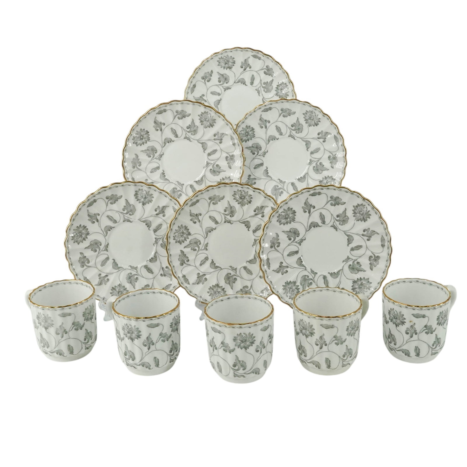 (11 pc) Spode Porcelain 'Colonel' Gray Demitasse Cup & Saucer Set: (11 pc) Spode Porcelain 'Colonel' Gray Demitasse Cup & Saucer Set Mid-20th Century, England. Includes porcelain demitasse cups and matching saucers in the "Colonel" Gray pattern, featuring gray floral